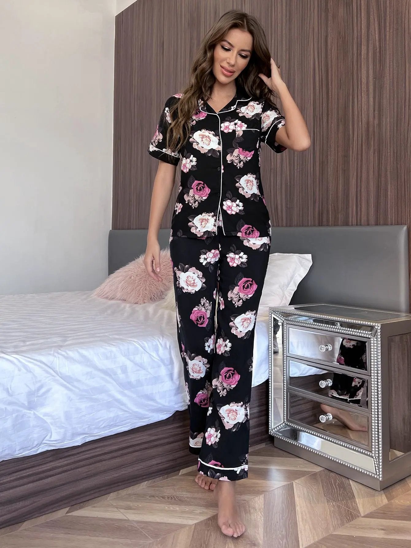 Floral Short Sleeve Shirt and Pants Lounge Set by Partner Label
