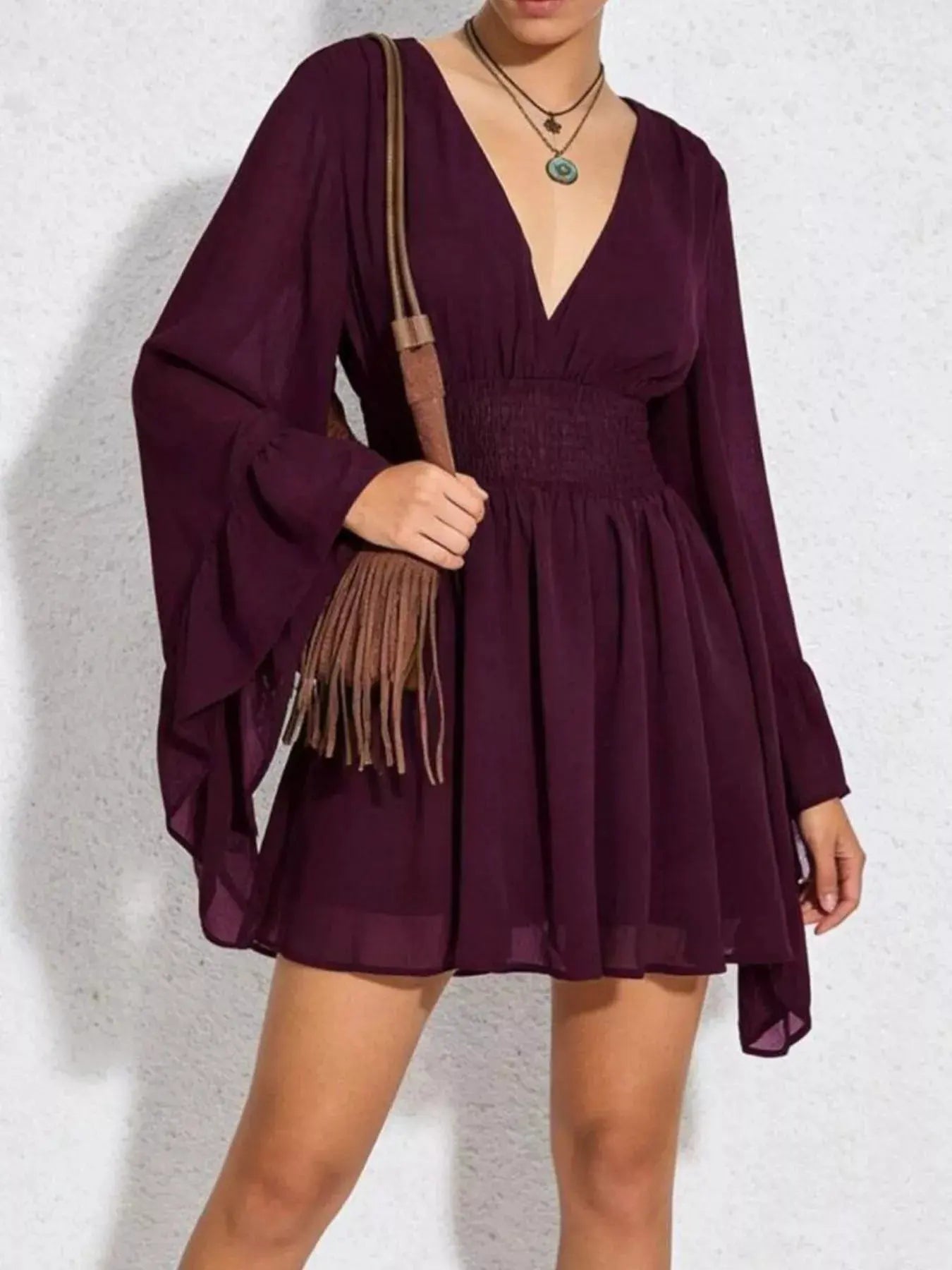 V-Neck Flowy Long Sleeve Mini Dress by Trendsi