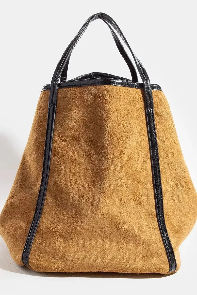 Fame Suede Tote Faux Leather Trim Shoulder Strap by Fame