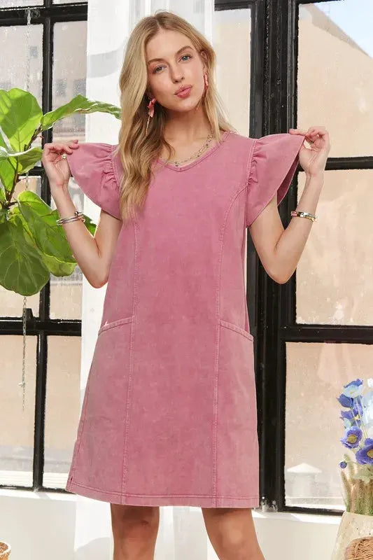 ADORA Mineral Washed V-Neck Ruffled Cap Sleeve Dress by Partner Label