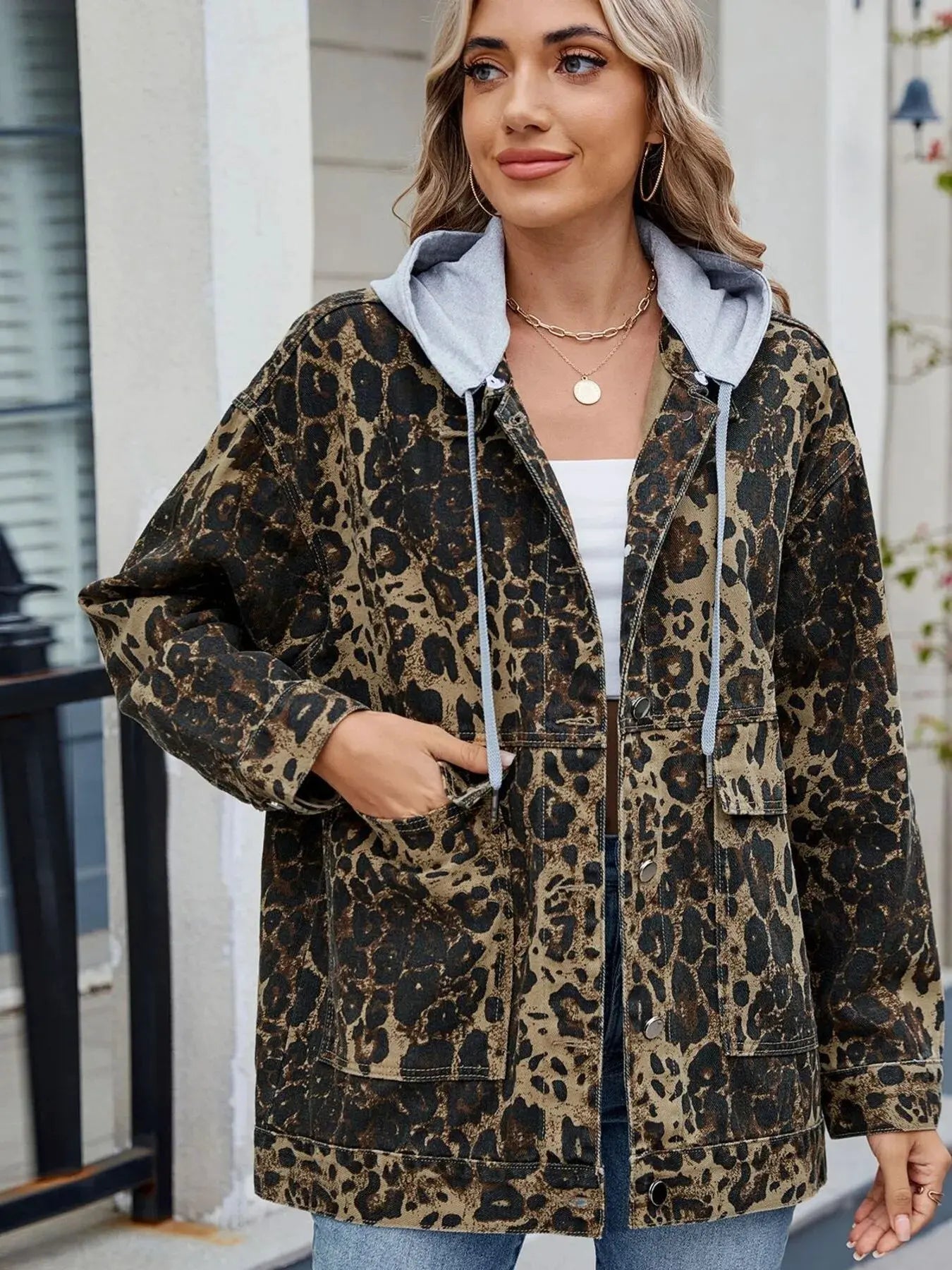 Oversized Button Up Denim Jacket with Hood by Partner Label