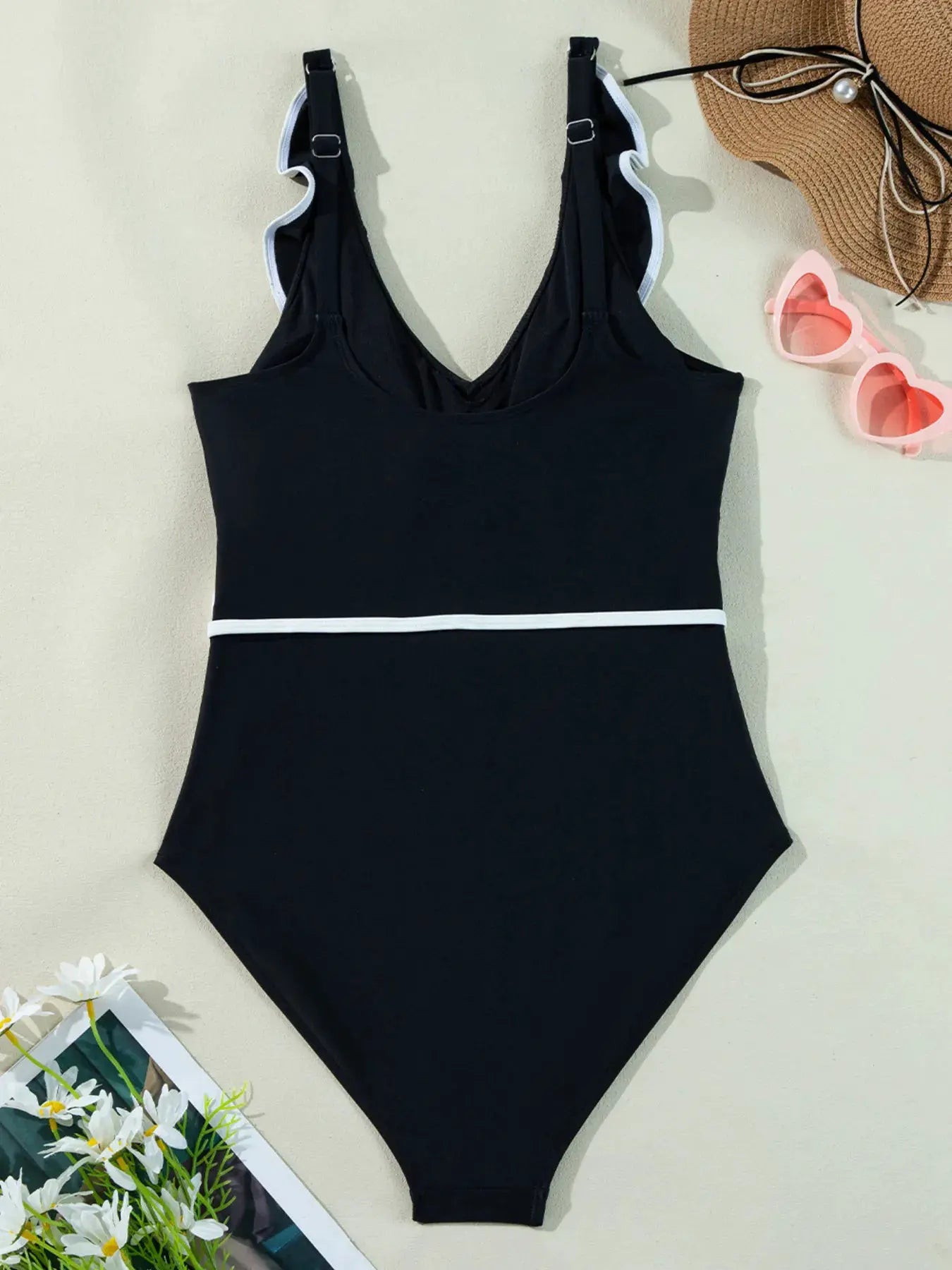 Ruffle Trim V-Neck One-Piece Swimsuit by Partner Label