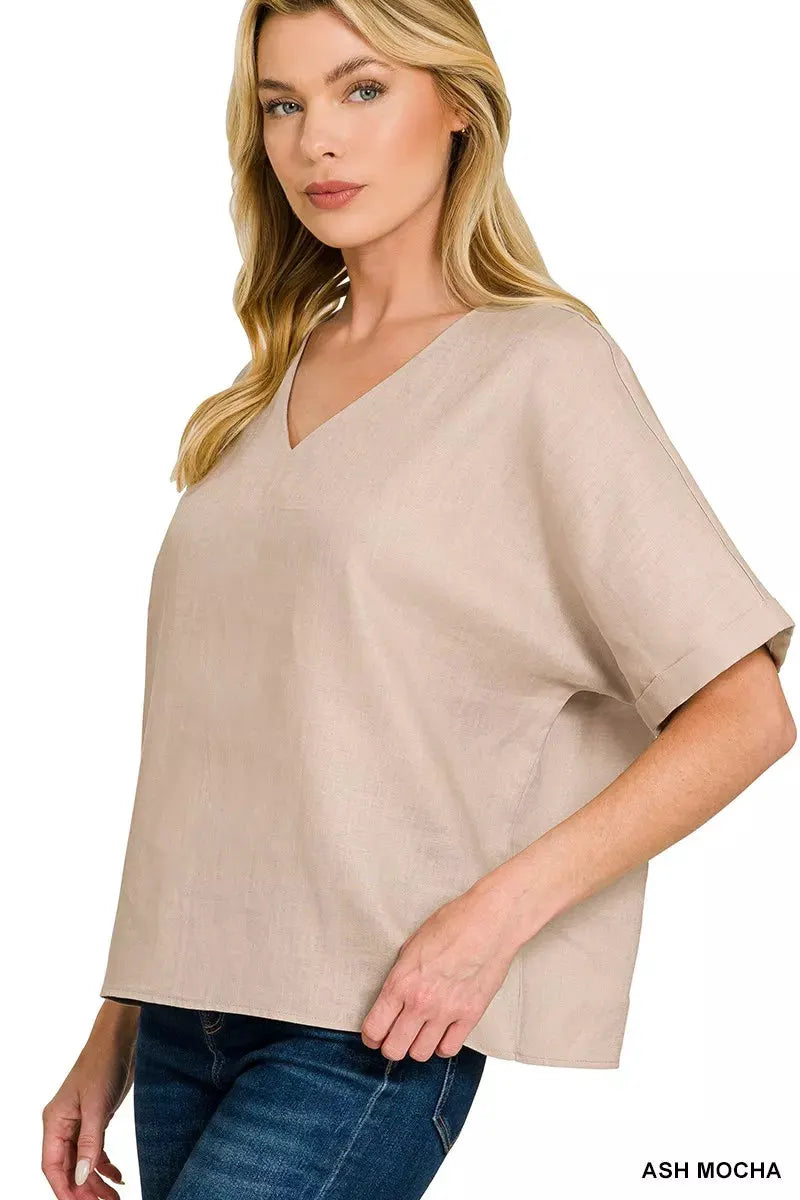 Zenana Linen V-Neck Cuffed Sleeve Top by Zenana