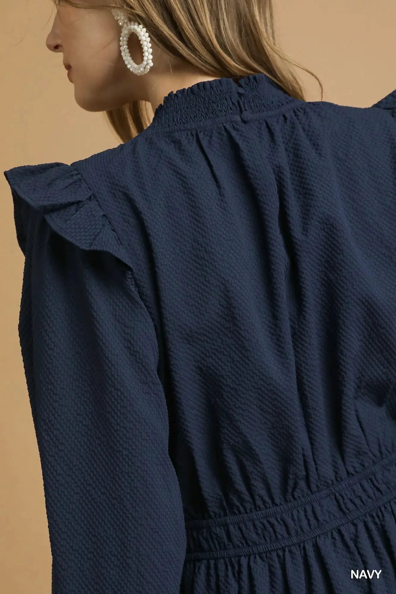 Umgee Textured Midi Dress with Ruffle Shoulder Detail by Umgee
