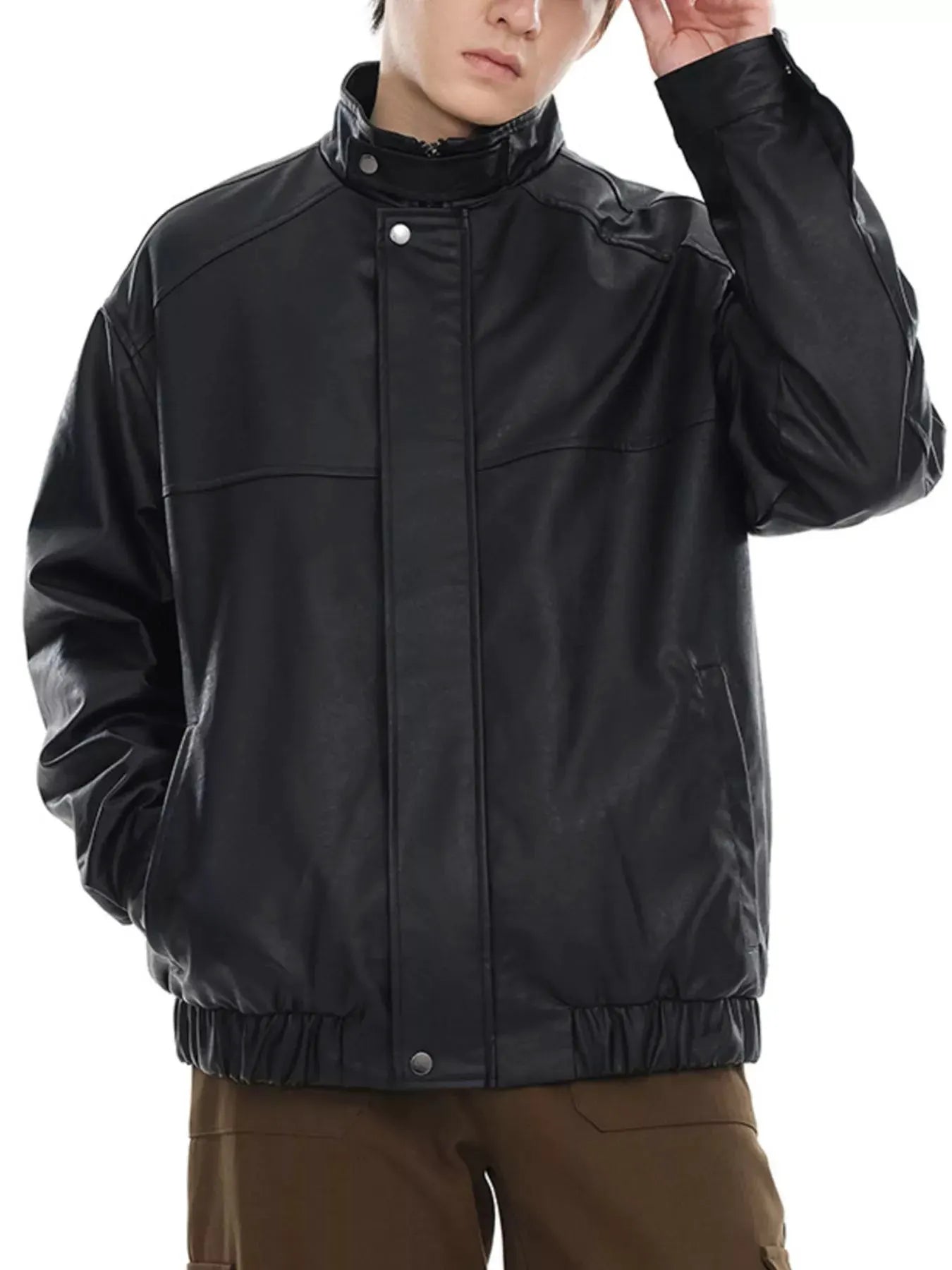 Men's Plus Size Zip Up Leather Bomber Jacket by Partner Label