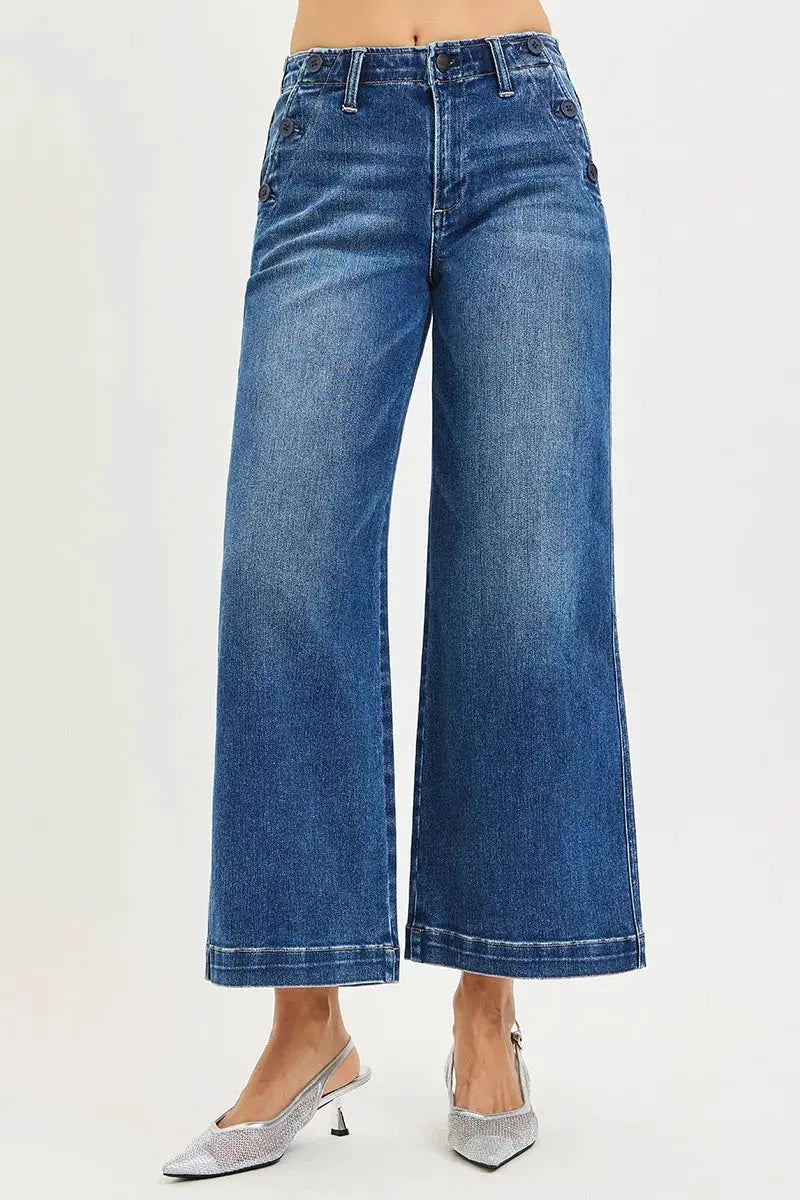 RISEN High Rise Wide Leg Jeans With Pocket Button Detail by RISEN