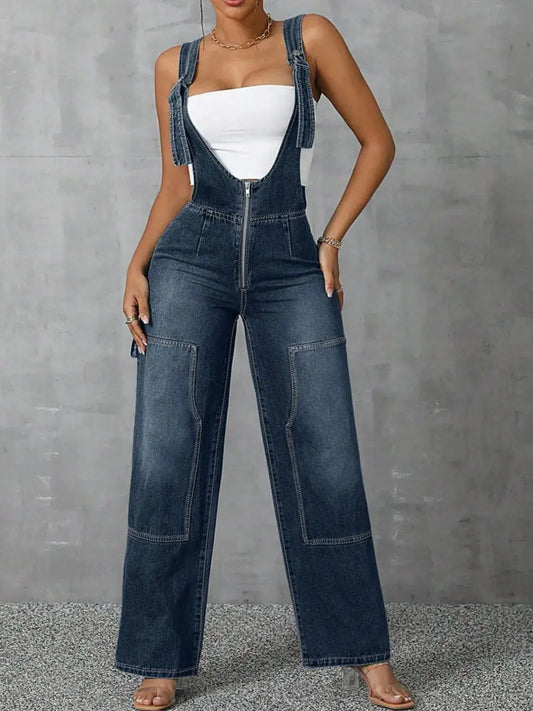 Zip Front Wide Strap Denim Overalls by Partner Labels