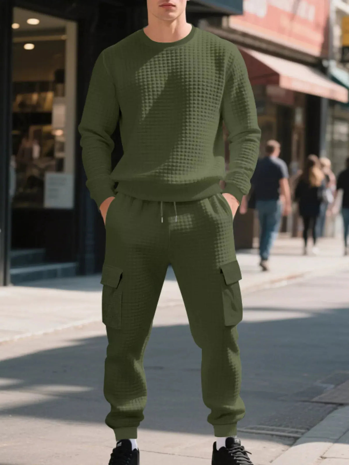 Men's Plus Size Waffle Knit Textured Crewneck Sweatshirt and Jogger Set by Trendsi