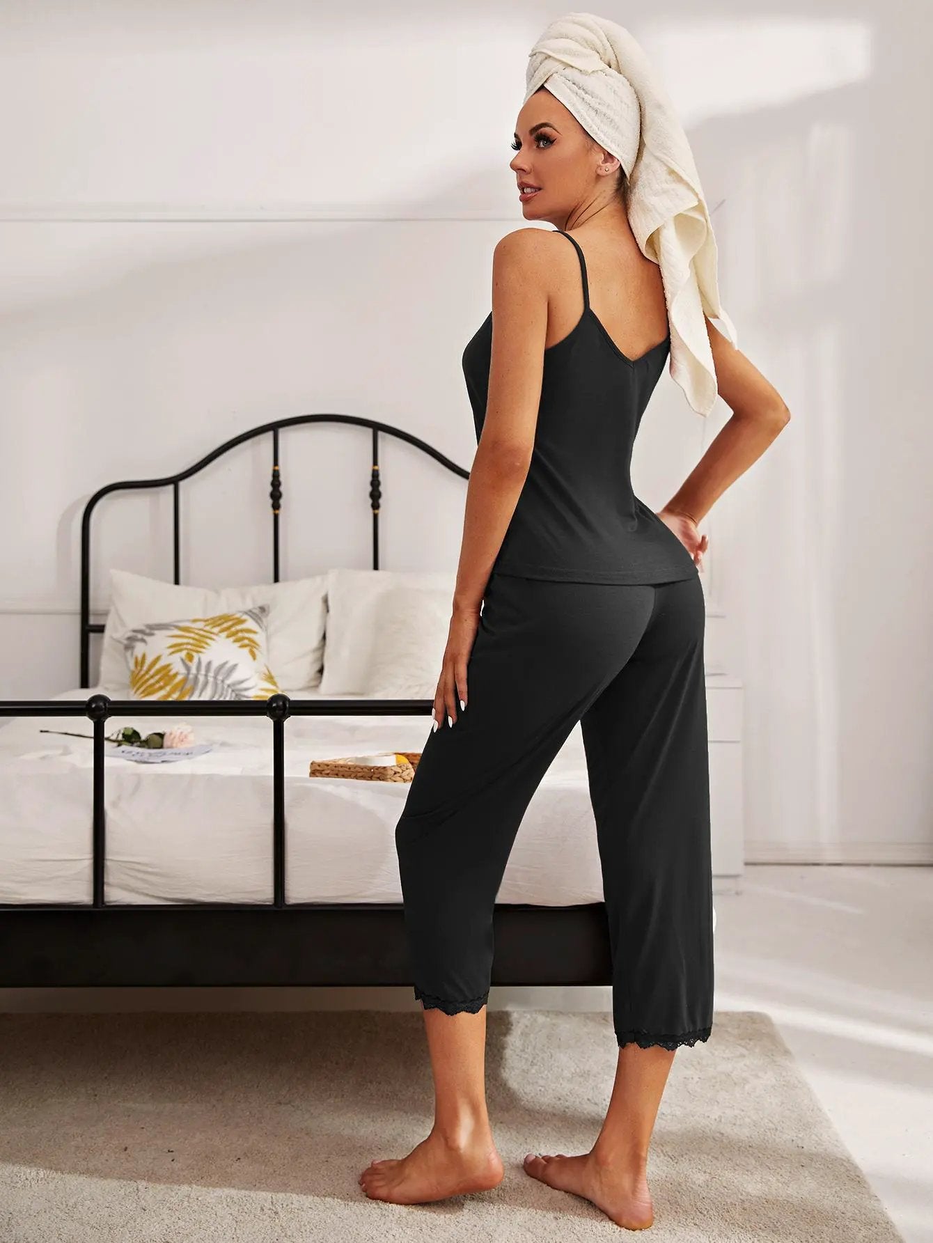 V-Neck Lace Trim Slit Cami and Pants Pajama Set by Partner Label