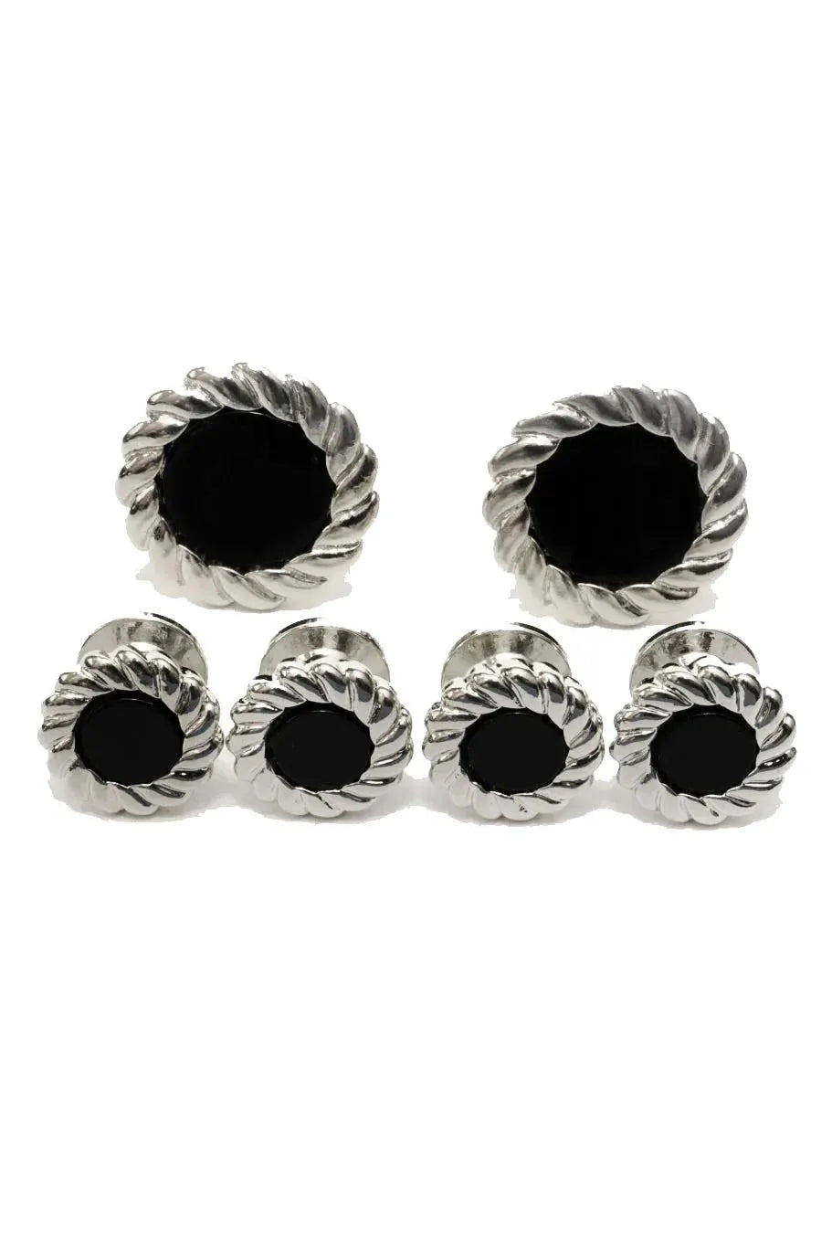 Black Onyx with Fluted Silver Trim Studs and Cufflinks Set by Tux-USA