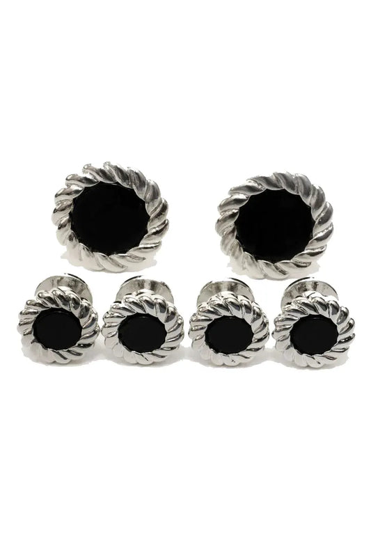 Black Onyx with Fluted Silver Trim Studs and Cufflinks Set by Tux-USA