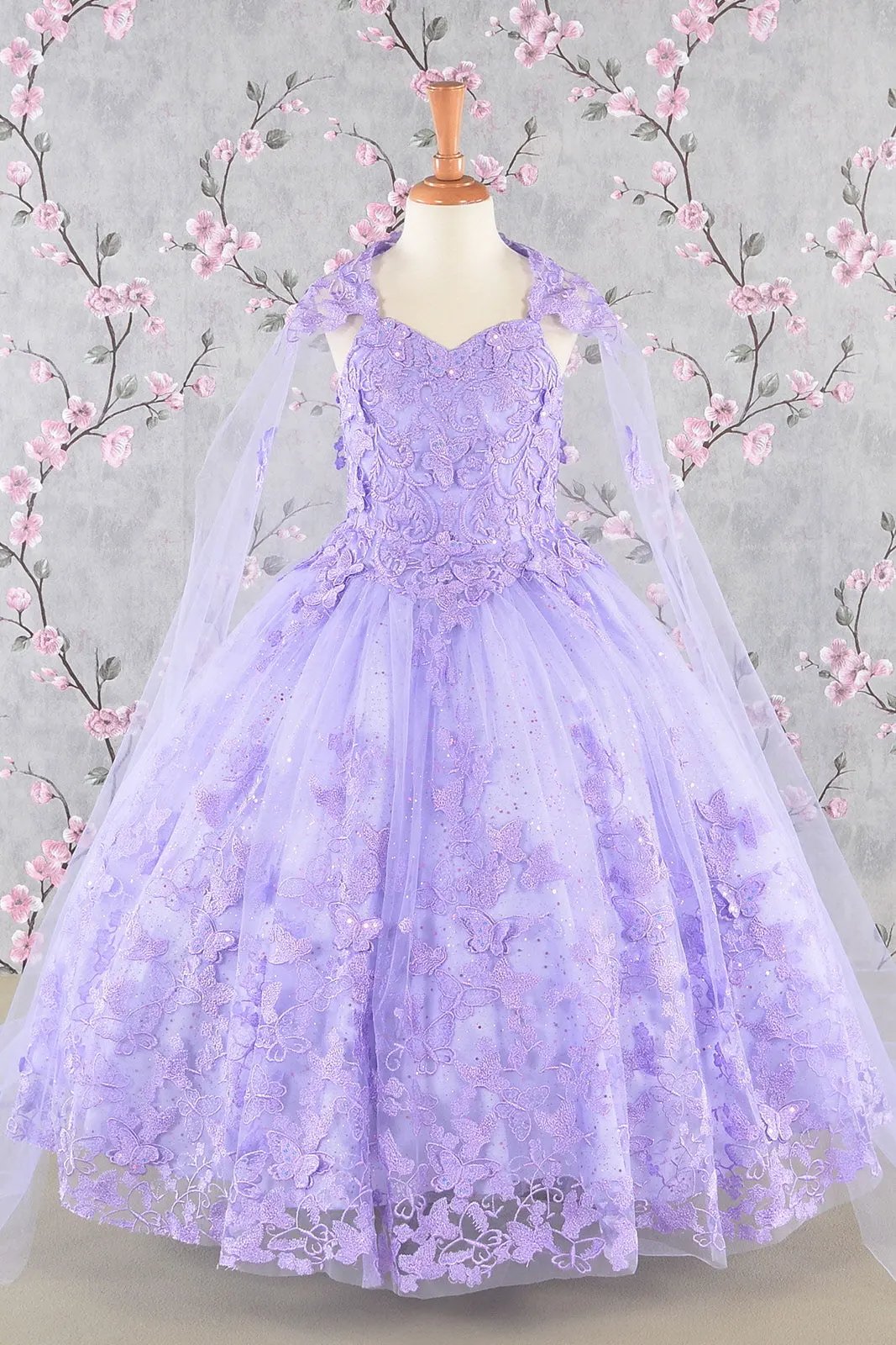 3-D Butterfly Sequin Mesh Kids Dress w/ Detachable Long Mesh Cape by Tux-USA