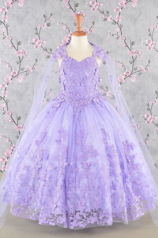 3-D Butterfly Sequin Mesh Kids Dress w/ Detachable Long Mesh Cape by Tux-USA