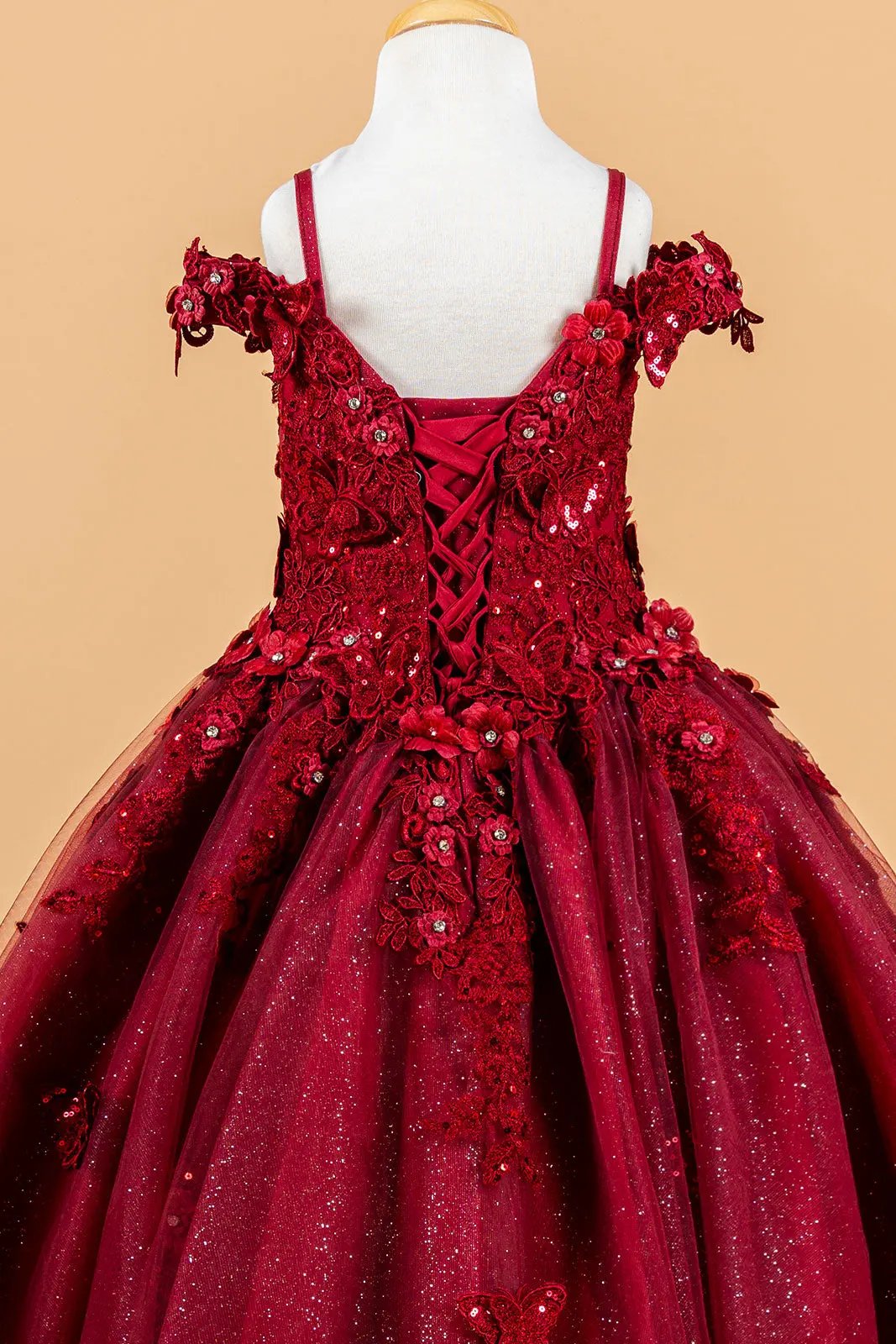 3D Flower and Butterfly Applique Cold Shoulder Embellished V-Neck Kids Dress by Tux-USA