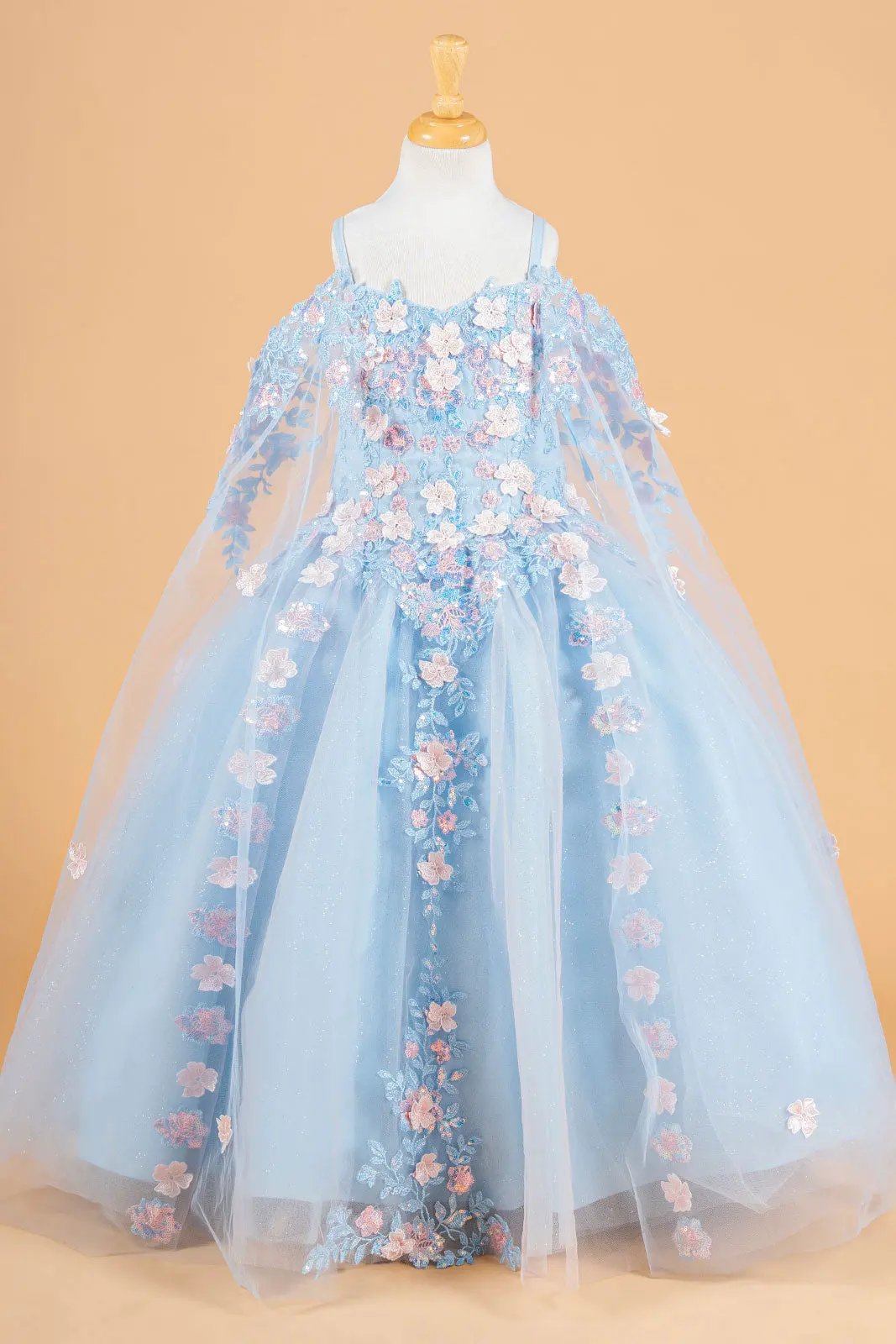 3D Flower Applique Embellished Kids Dress With Cold Shoulder Detachable Cape Sleeves by Tux-USA
