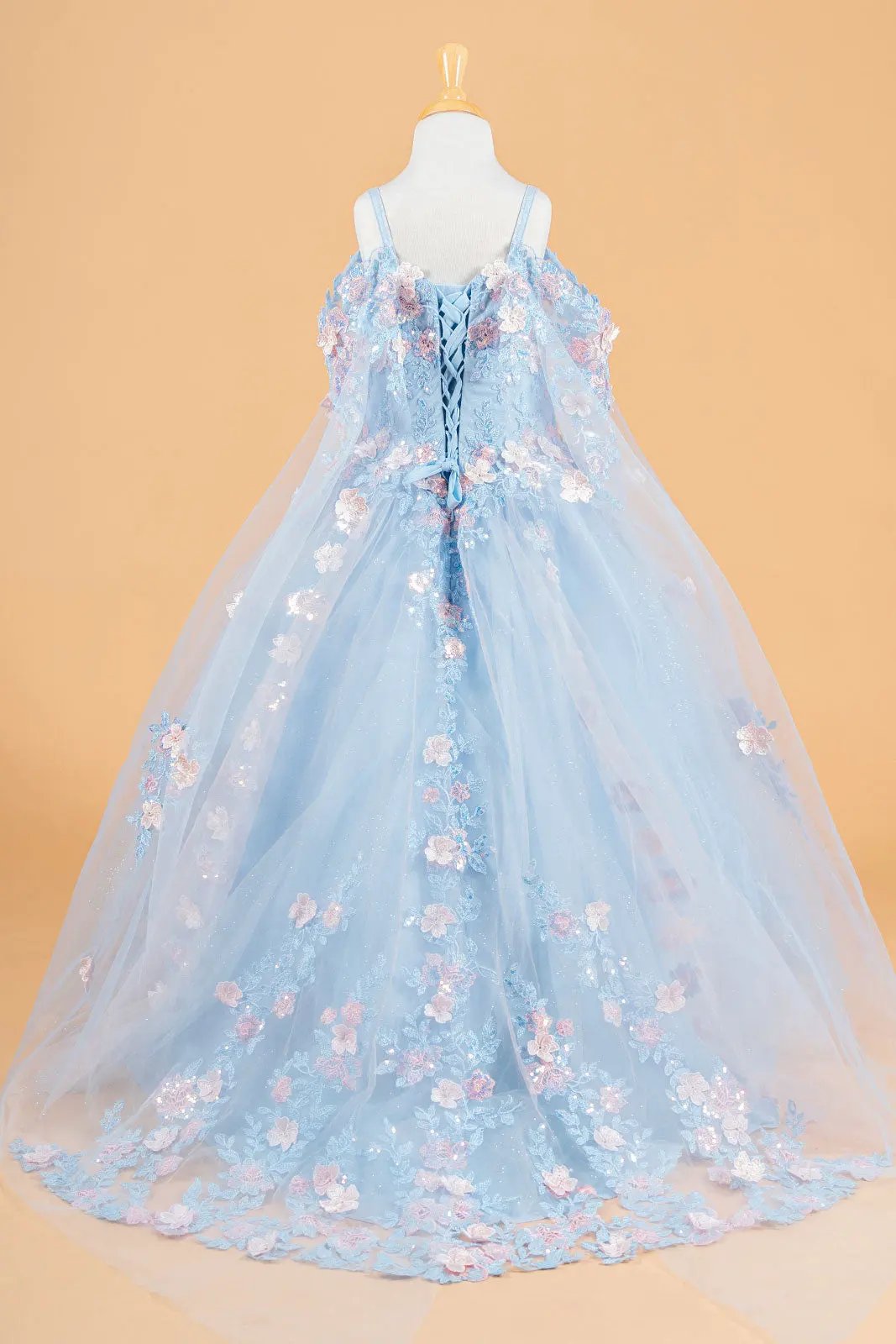3D Flower Applique Embellished Kids Dress With Cold Shoulder Detachable Cape Sleeves by Tux-USA