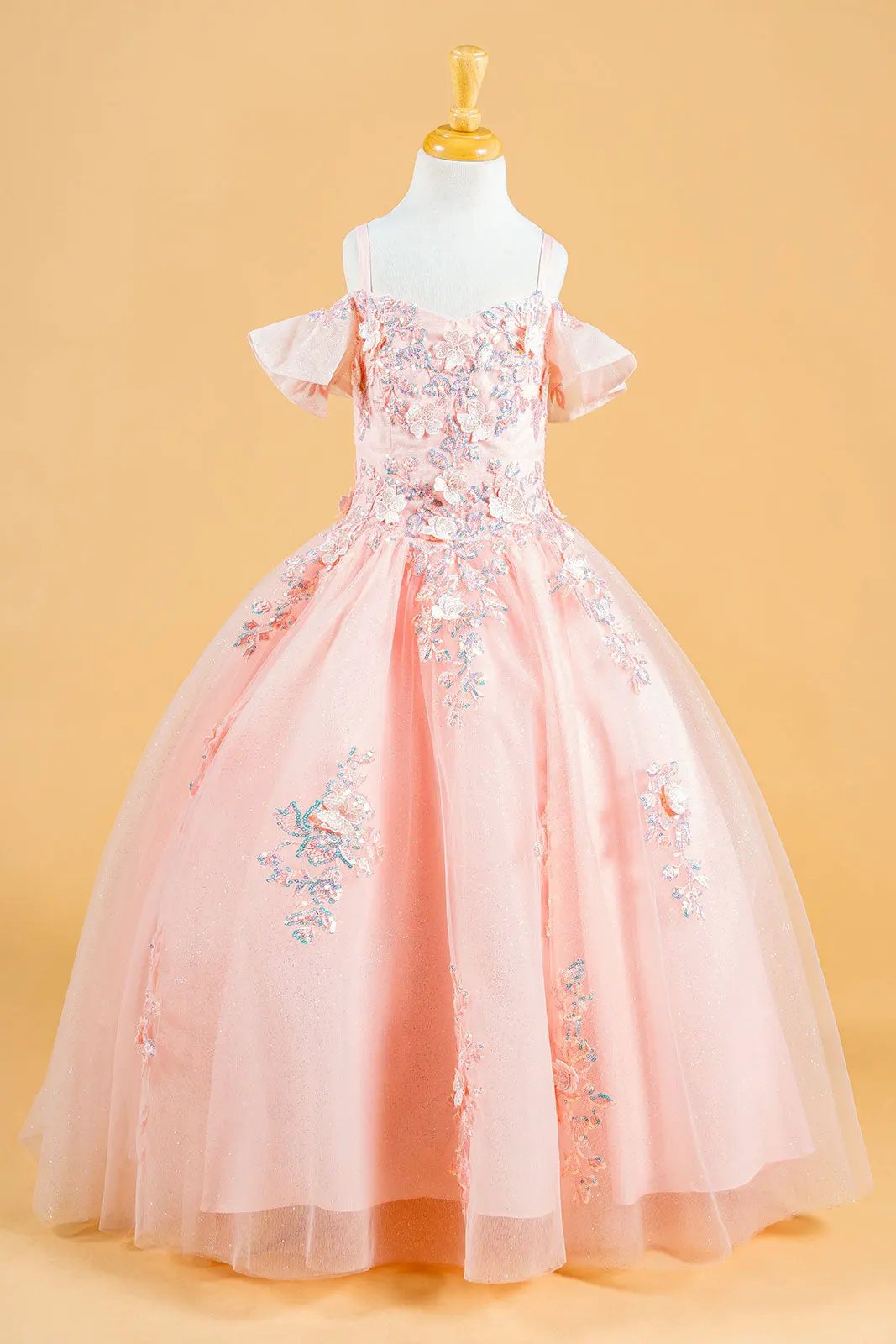 3D Flower Applique Sequins Embroidery Lace-Up Back Corset V-Neck Cold Shoulder Kids Dress by Tux-USA