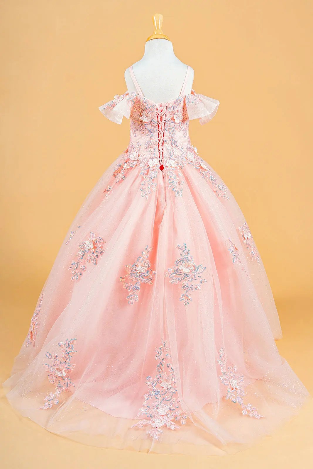 3D Flower Applique Sequins Embroidery Lace-Up Back Corset V-Neck Cold Shoulder Kids Dress by Tux-USA