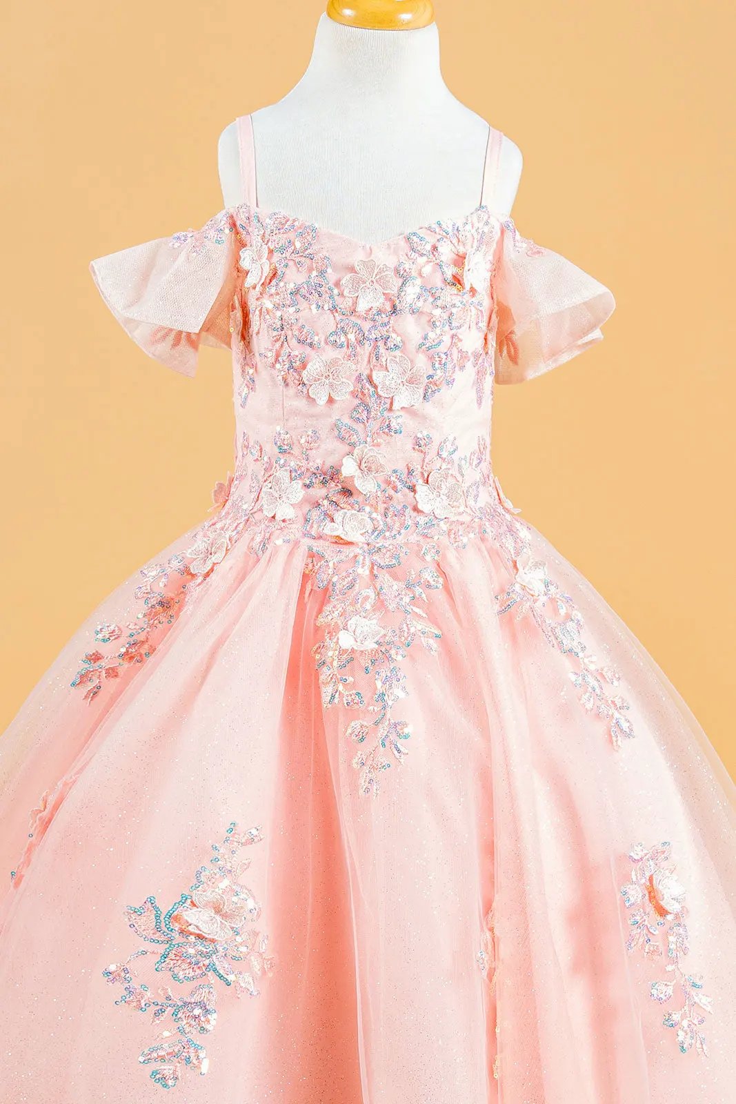 3D Flower Applique Sequins Embroidery Lace-Up Back Corset V-Neck Cold Shoulder Kids Dress by Tux-USA