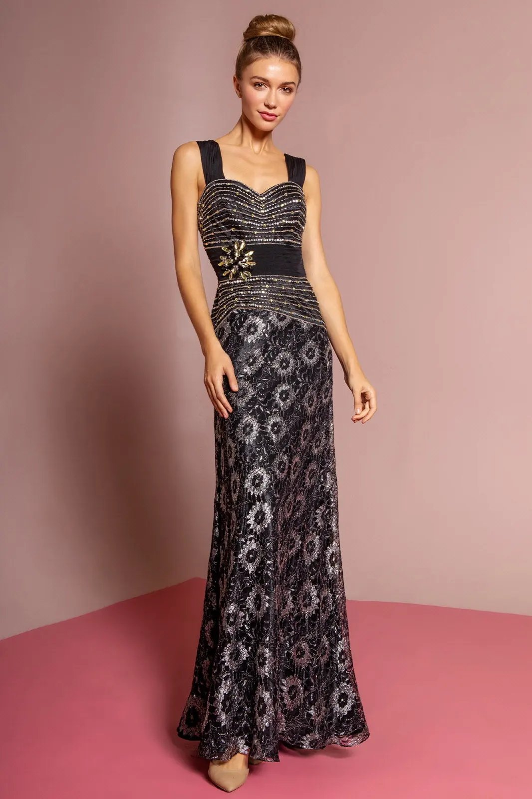 Daisy Pattern Lace Long Dress with Jewel Embellished Bodice by Tux-USA