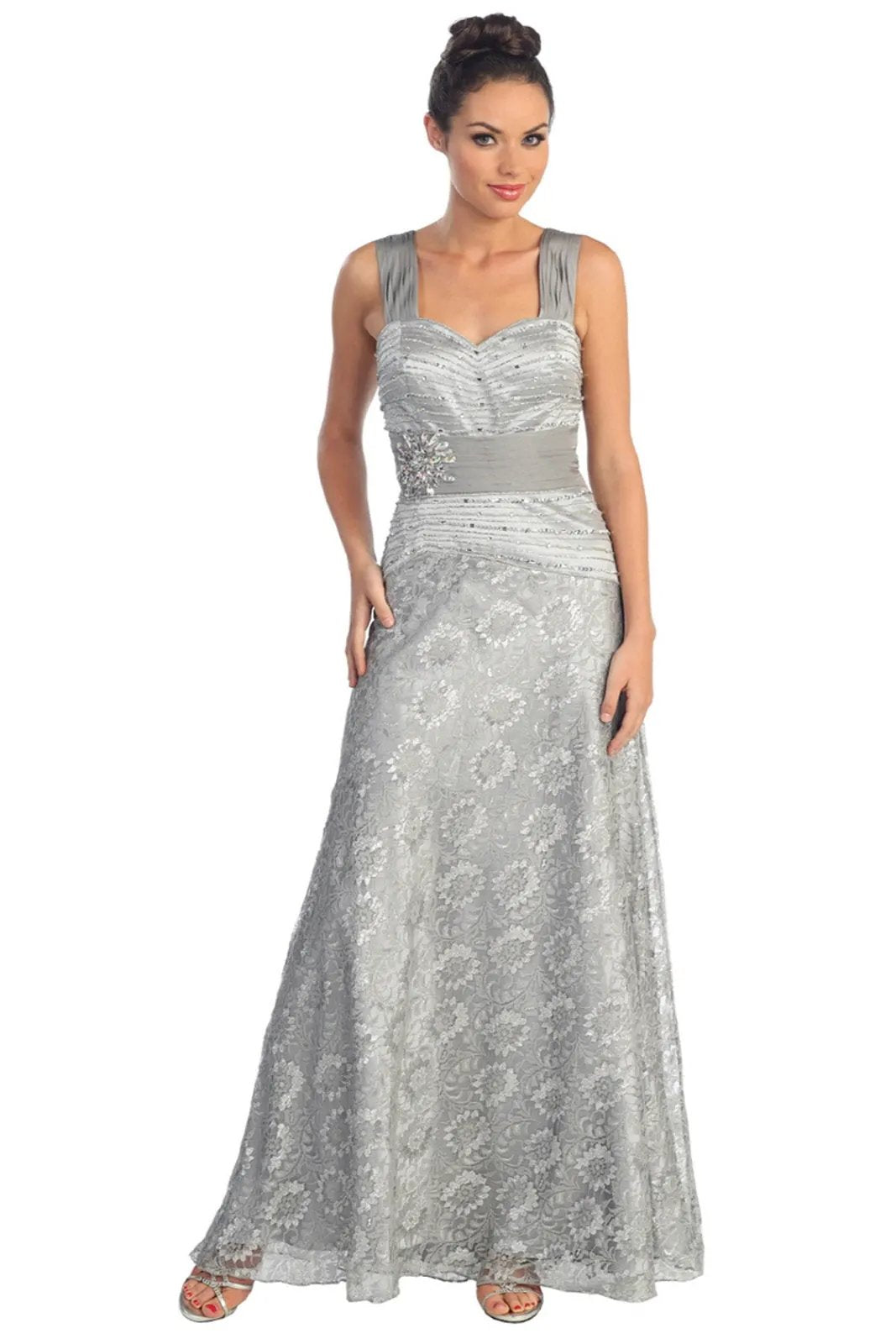 Daisy Pattern Lace Long Dress with Jewel Embellished Bodice by Tux-USA