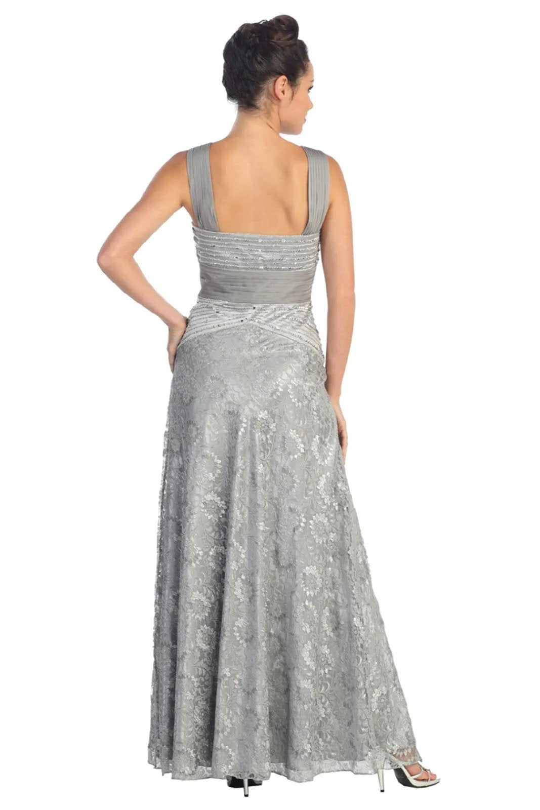 Daisy Pattern Lace Long Dress with Jewel Embellished Bodice by Tux-USA