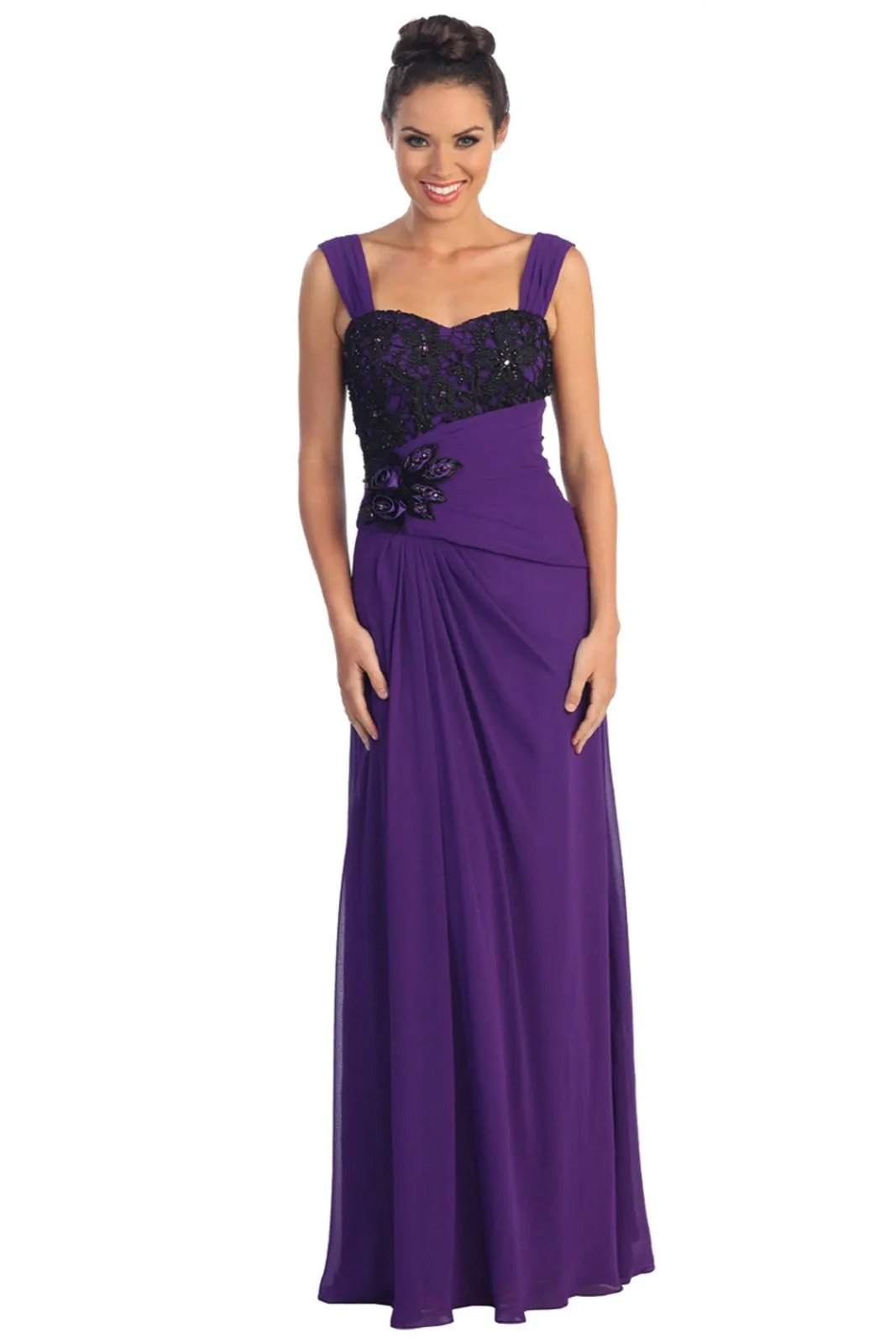 Chiffon Long Dress with Lace Detailing on Pleated Bodice and Lace Detailing by Tux-USA