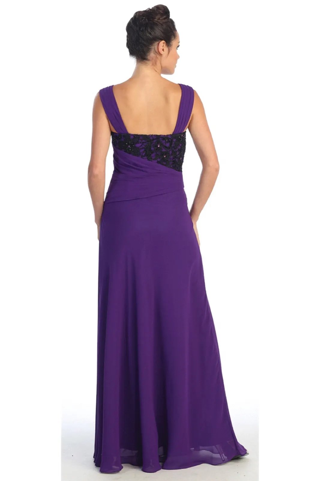 Chiffon Long Dress with Lace Detailing on Pleated Bodice and Lace Detailing by Tux-USA
