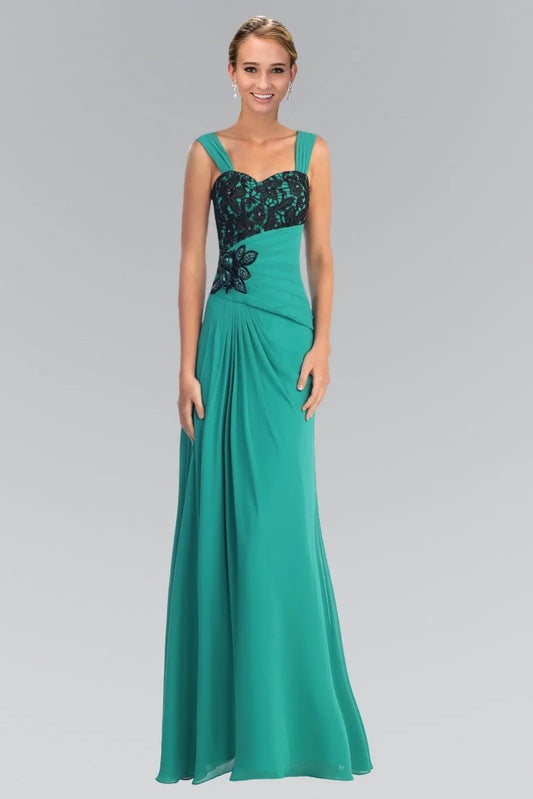 Chiffon Long Dress with Lace Detailing on Pleated Bodice and Lace Detailing by Tux-USA