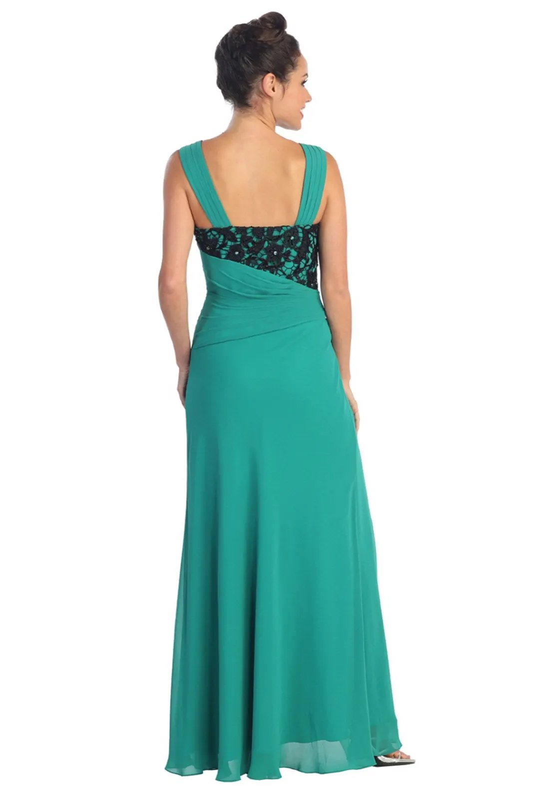 Chiffon Long Dress with Lace Detailing on Pleated Bodice and Lace Detailing by Tux-USA
