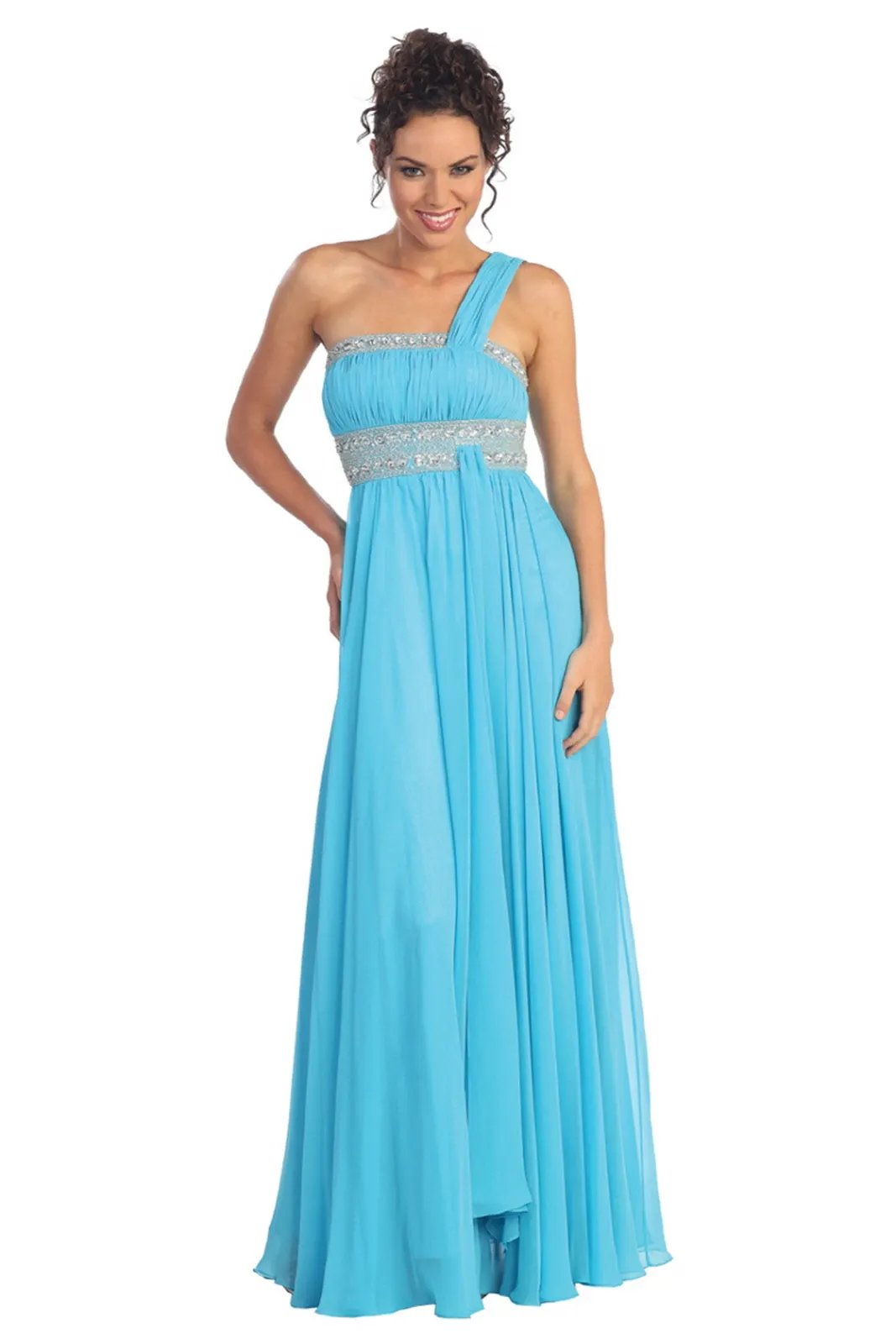 One Shoulder Floor Length Empire Dress with Jewel Detailing by Tux-USA
