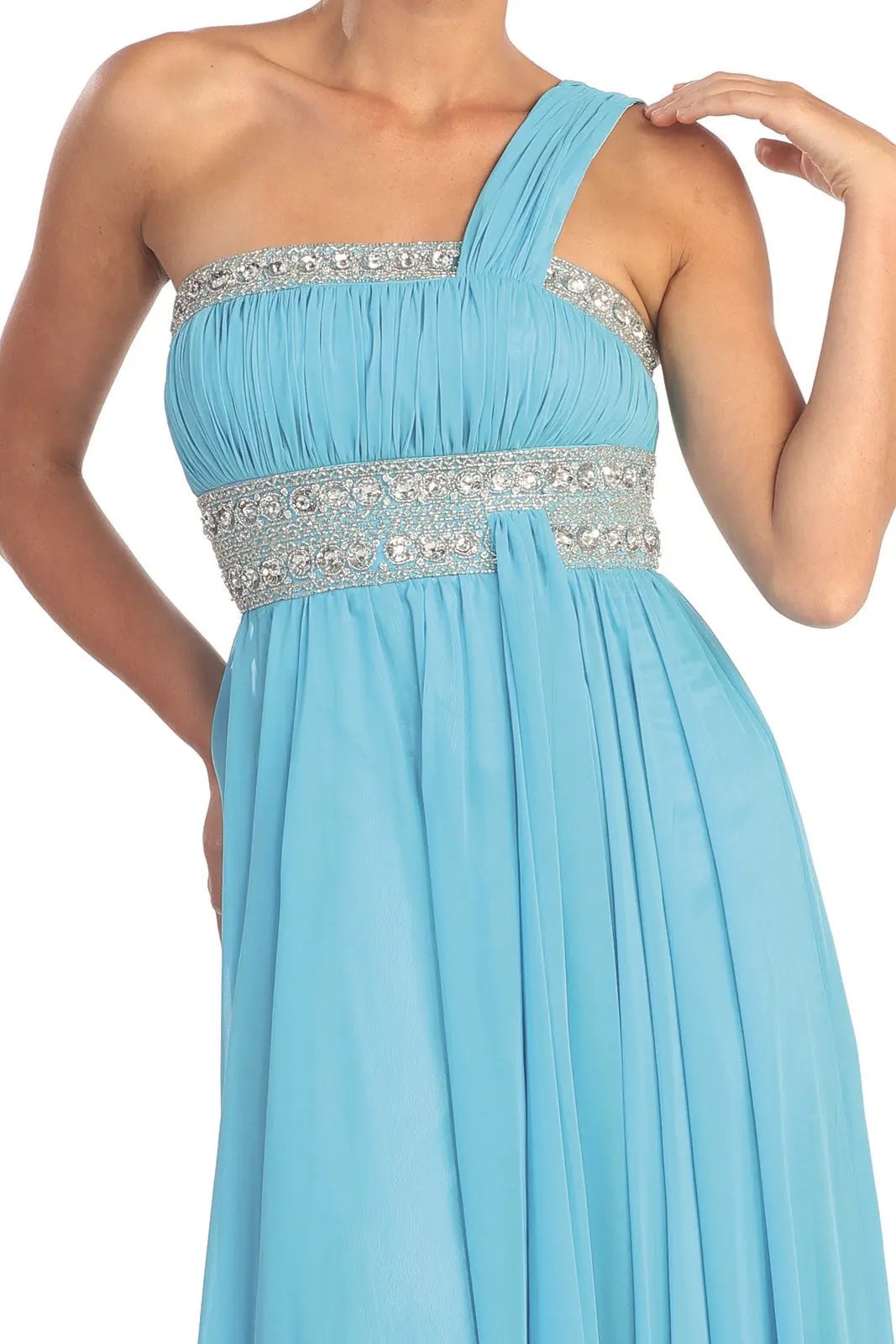 One Shoulder Floor Length Empire Dress with Jewel Detailing by Tux-USA