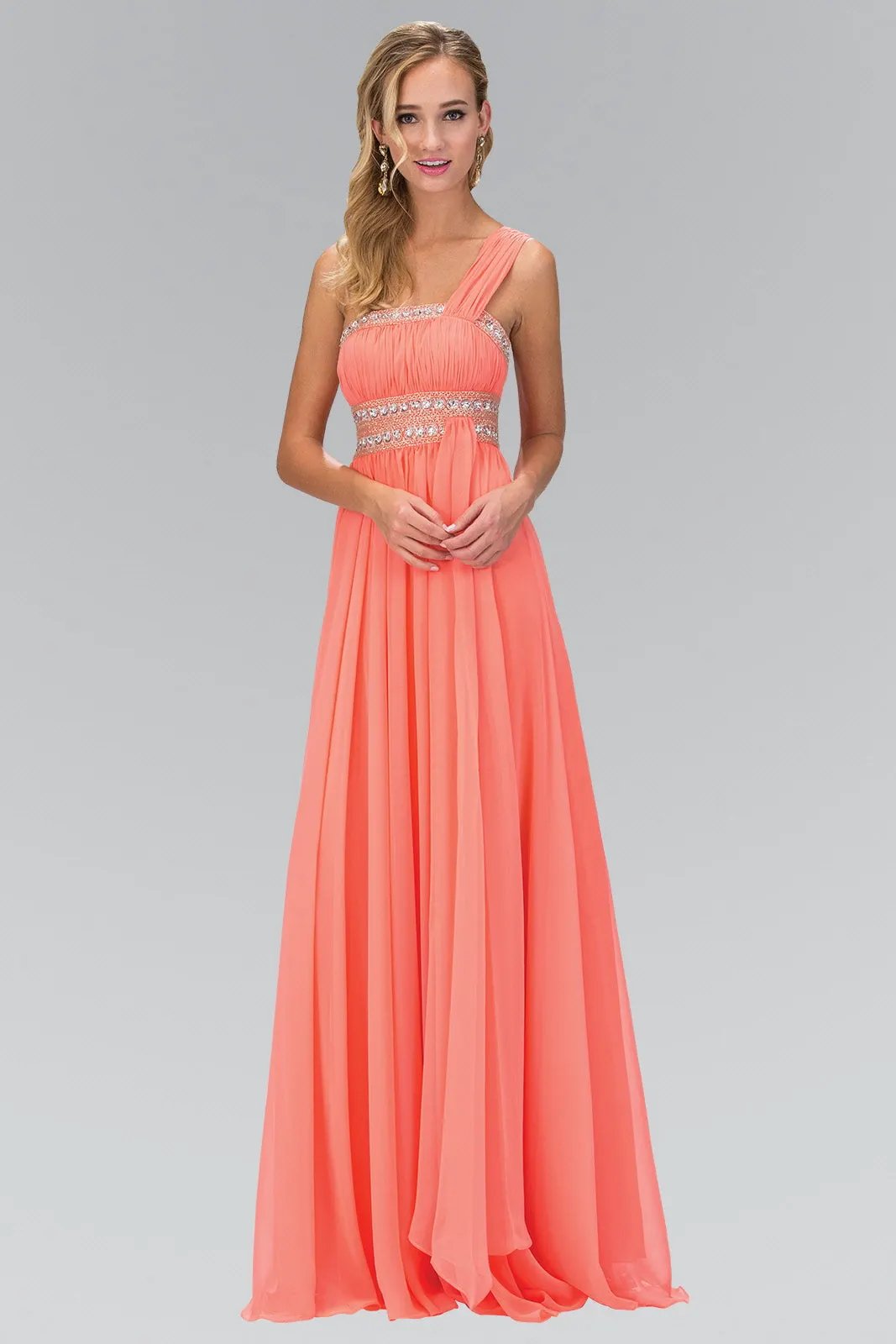 One Shoulder Floor Length Empire Dress with Jewel Detailing by Tux-USA