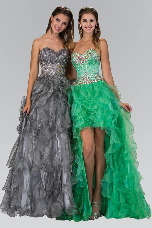 Strapless Sweetheart Organza Long Ruffle Dress with Jeweled Bodice by Tux-USA