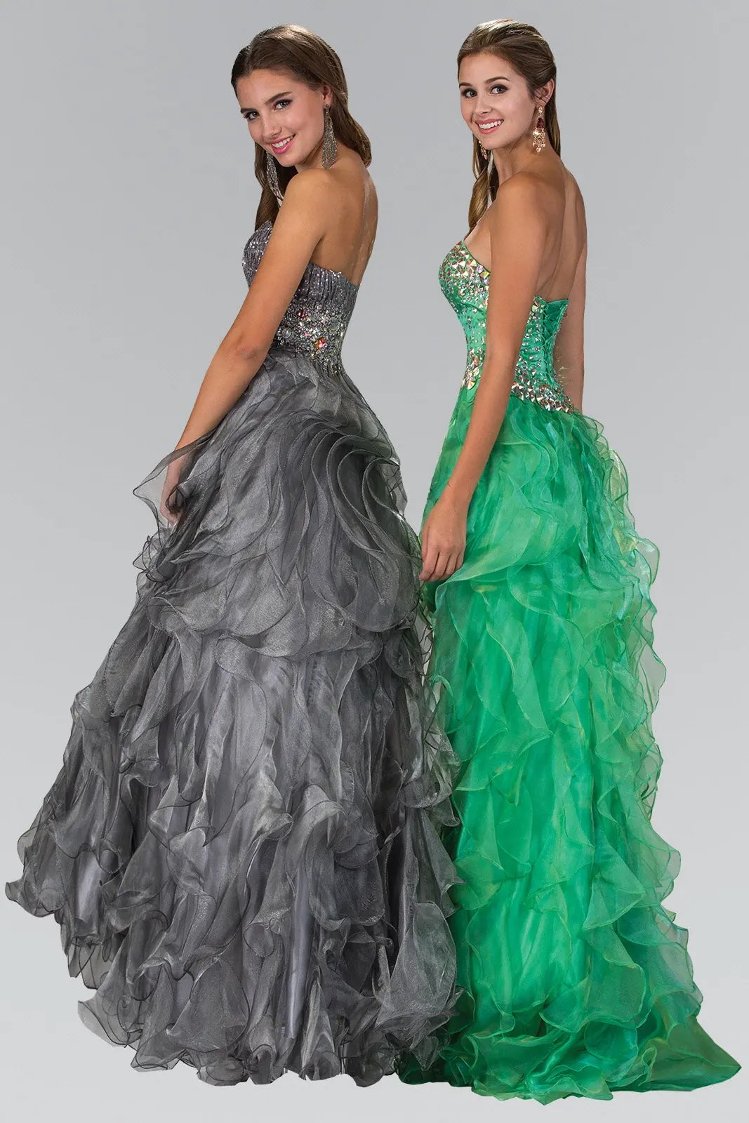 Strapless Sweetheart Organza Long Ruffle Dress with Jeweled Bodice by Tux-USA