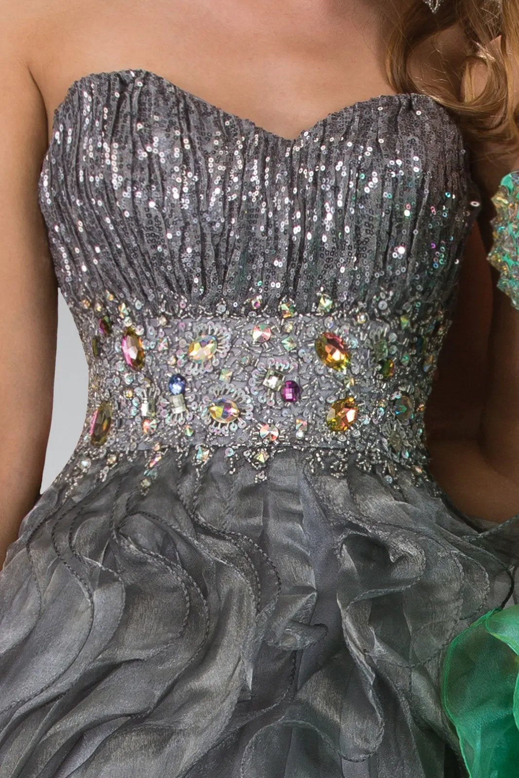 Strapless Sweetheart Organza Long Ruffle Dress with Jeweled Bodice by Tux-USA