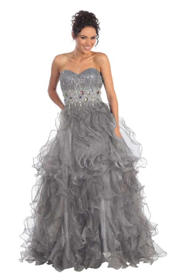 Strapless Sweetheart Organza Long Ruffle Dress with Jeweled Bodice by Tux-USA
