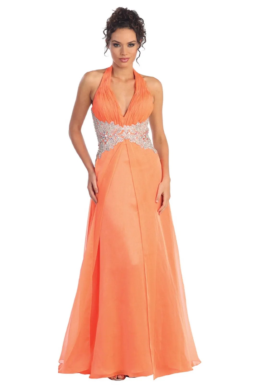 Halter Floor Length Dress Accented with Lace and Jewel by Tux-USA