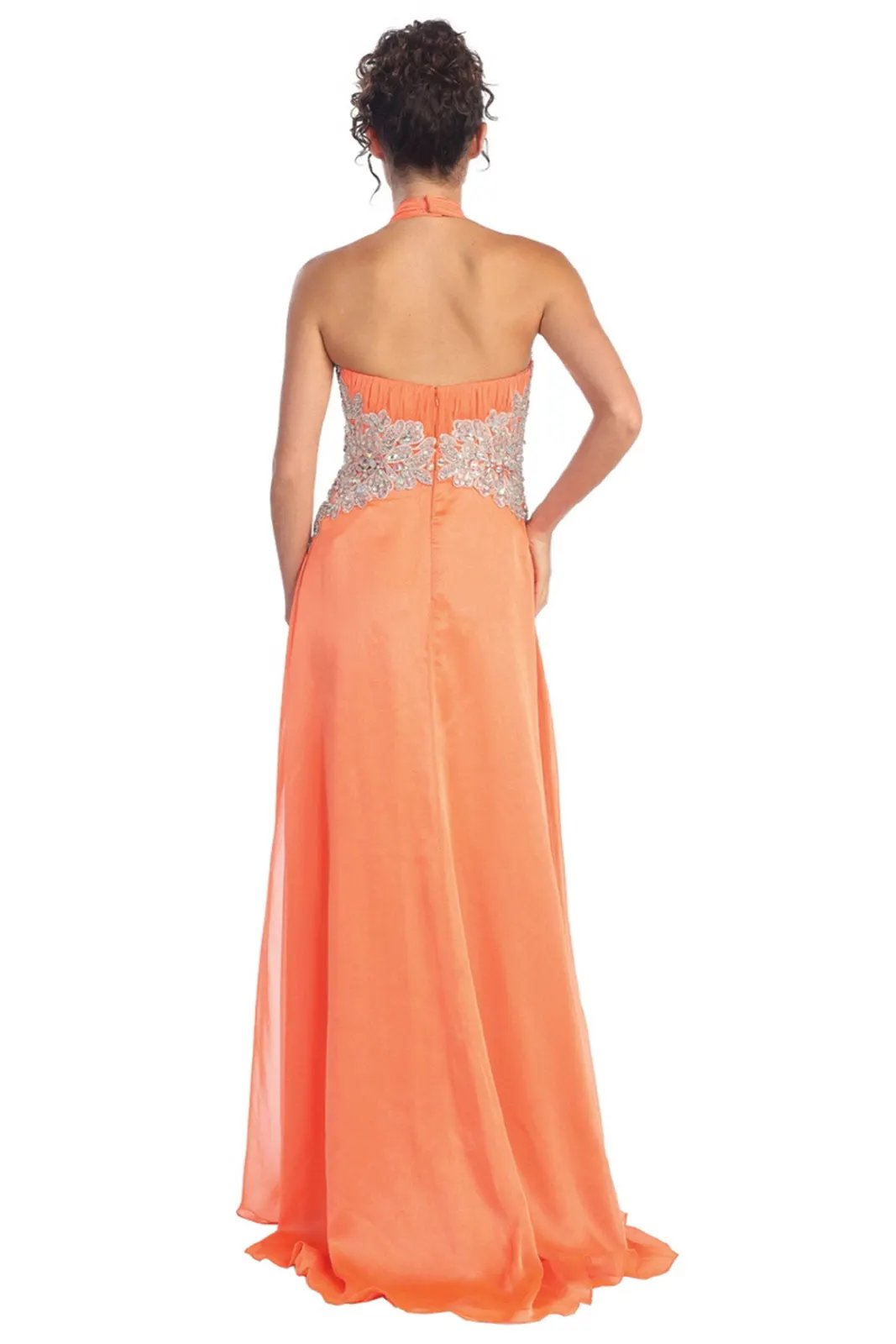 Halter Floor Length Dress Accented with Lace and Jewel by Tux-USA