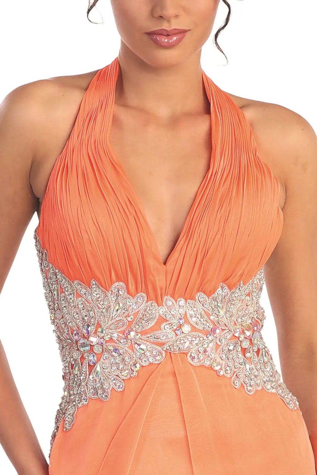 Halter Floor Length Dress Accented with Lace and Jewel by Tux-USA