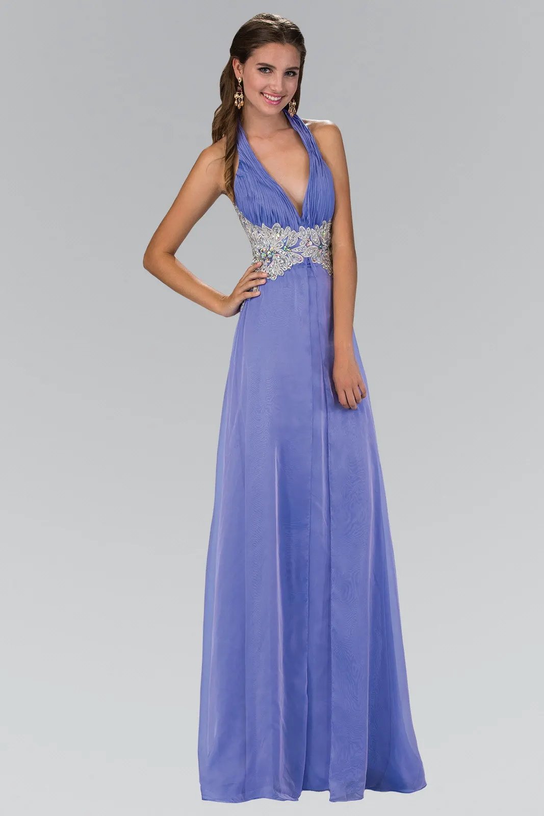 Halter Floor Length Dress Accented with Lace and Jewel by Tux-USA