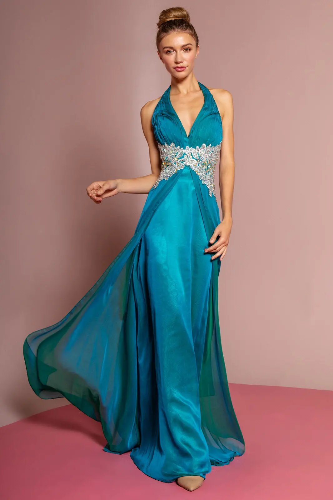 Halter Floor Length Dress Accented with Lace and Jewel by Tux-USA