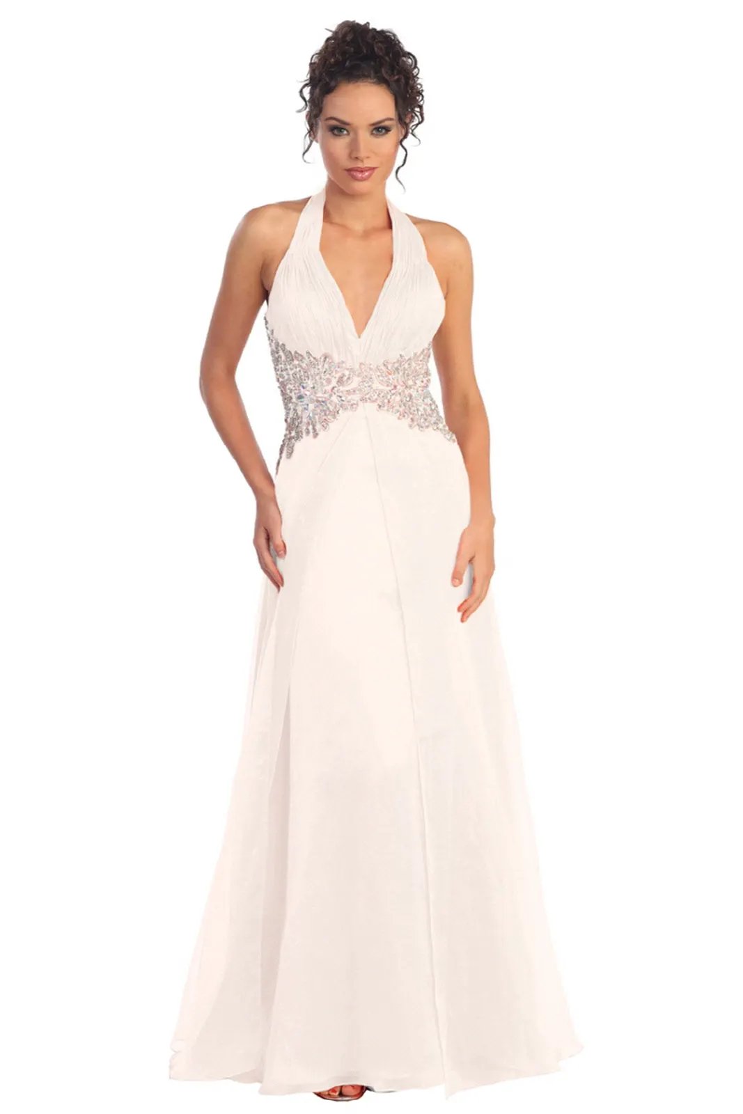 Halter Floor Length Dress Accented with Lace and Jewel by Tux-USA