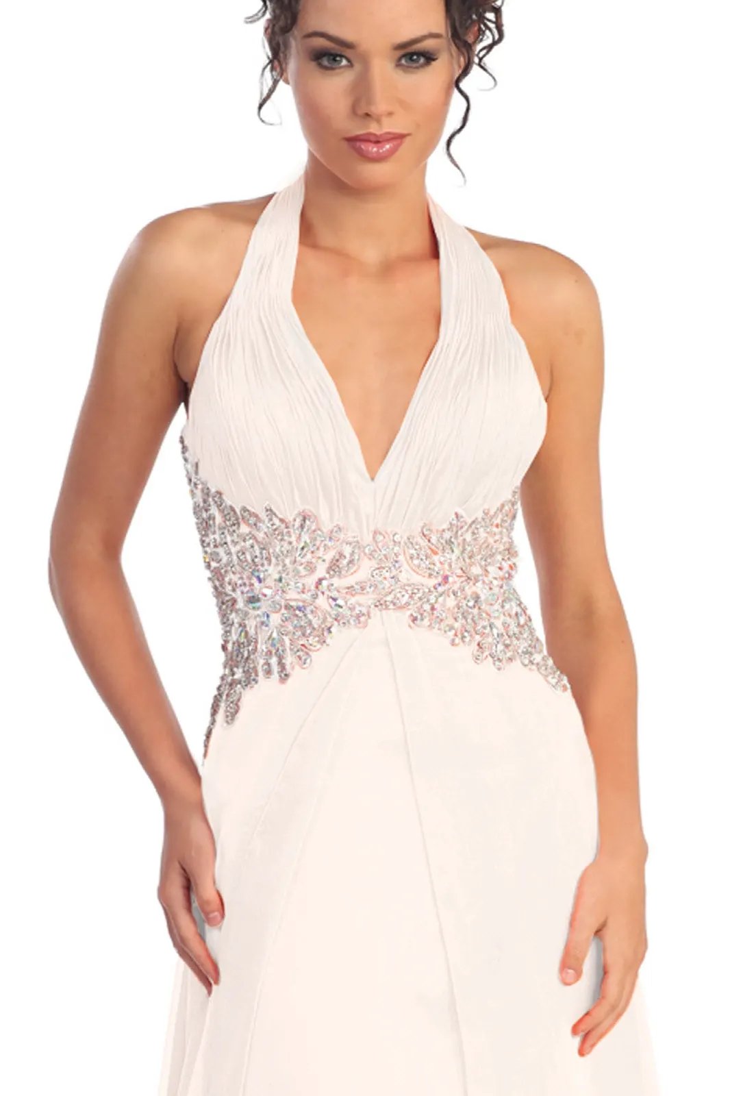 Halter Floor Length Dress Accented with Lace and Jewel by Tux-USA