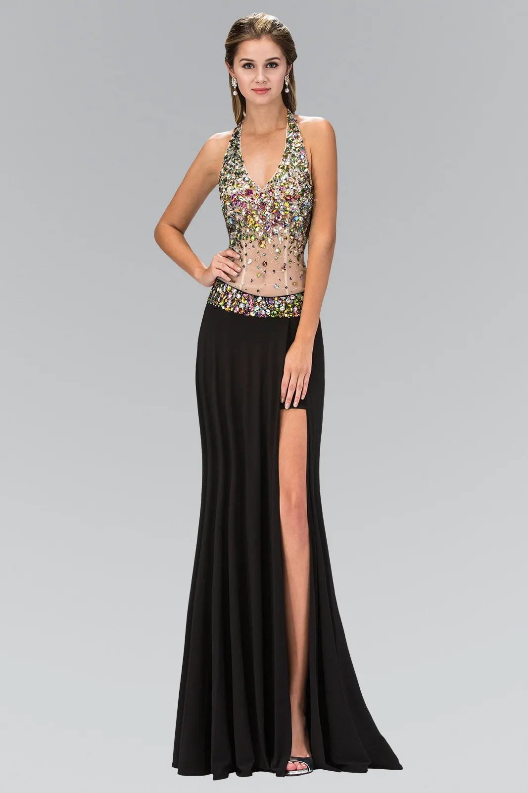 Jewel Embellished Halter Jersey Long Dress with Side Slit and Sheer Midriff Waist by Tux-USA