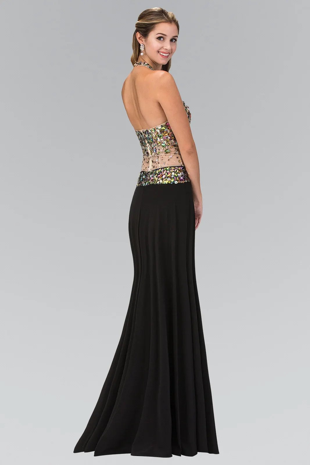 Jewel Embellished Halter Jersey Long Dress with Side Slit and Sheer Midriff Waist by Tux-USA