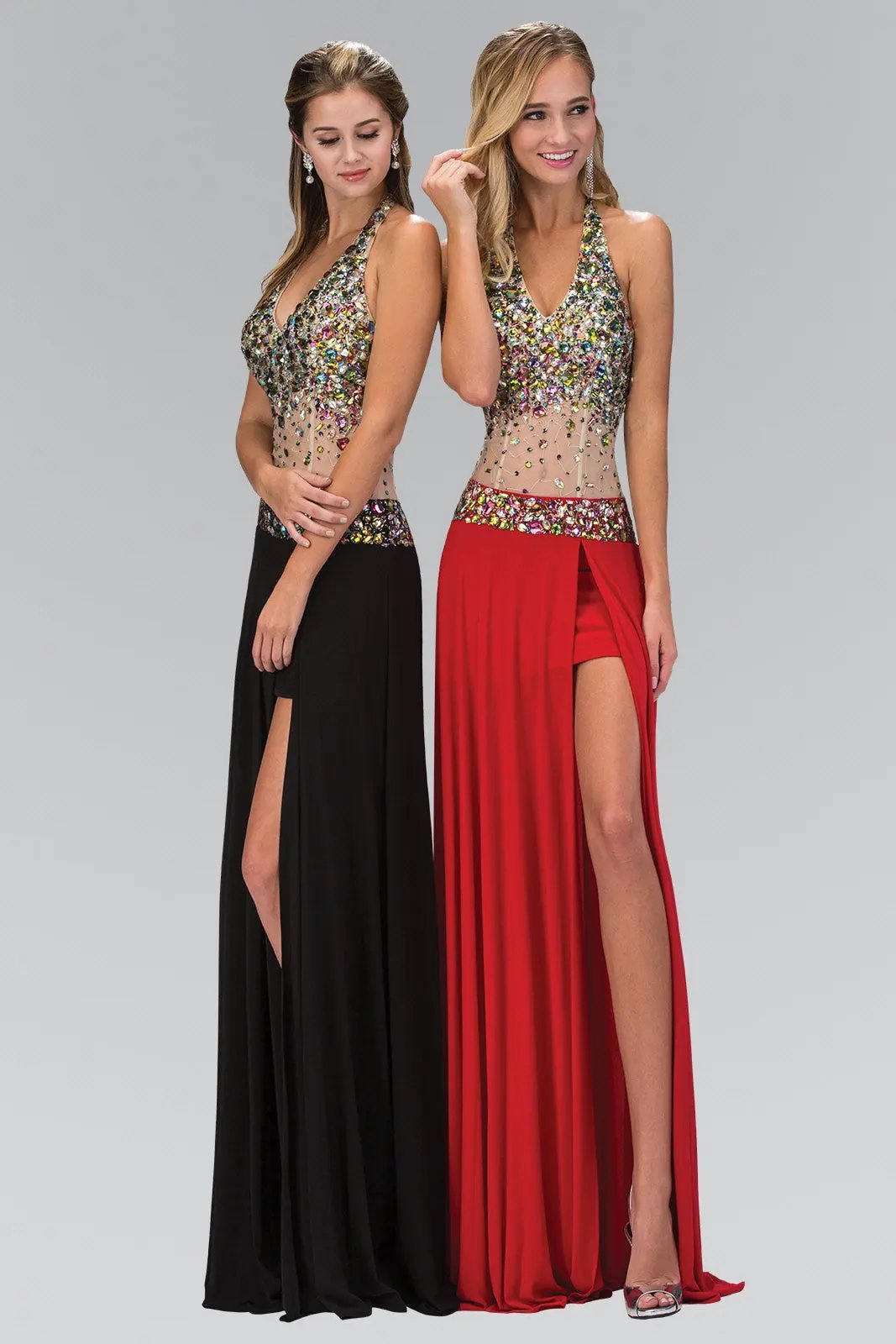 Jewel Embellished Halter Jersey Long Dress with Side Slit and Sheer Midriff Waist by Tux-USA