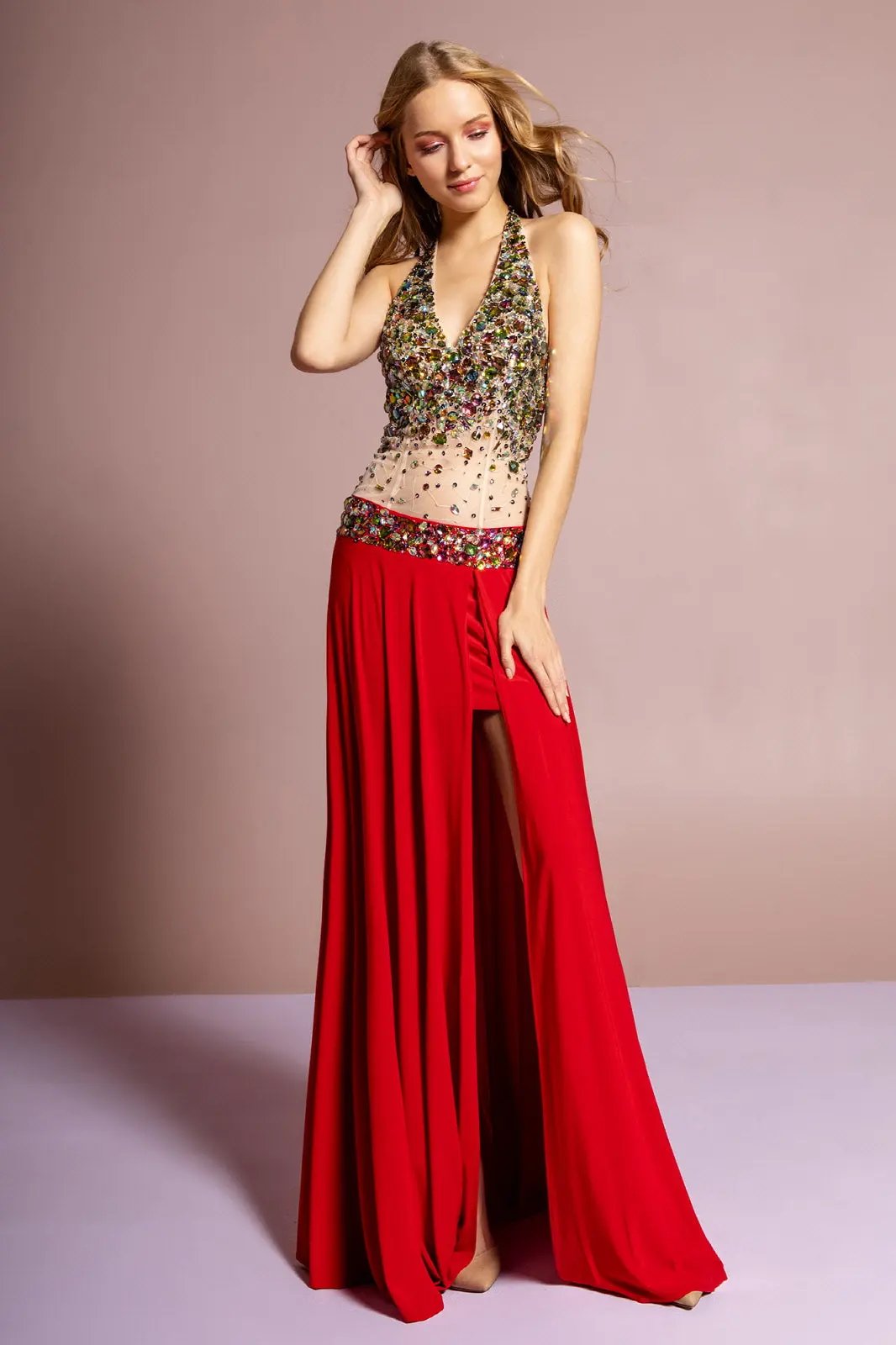 Jewel Embellished Halter Jersey Long Dress with Side Slit and Sheer Midriff Waist by Tux-USA