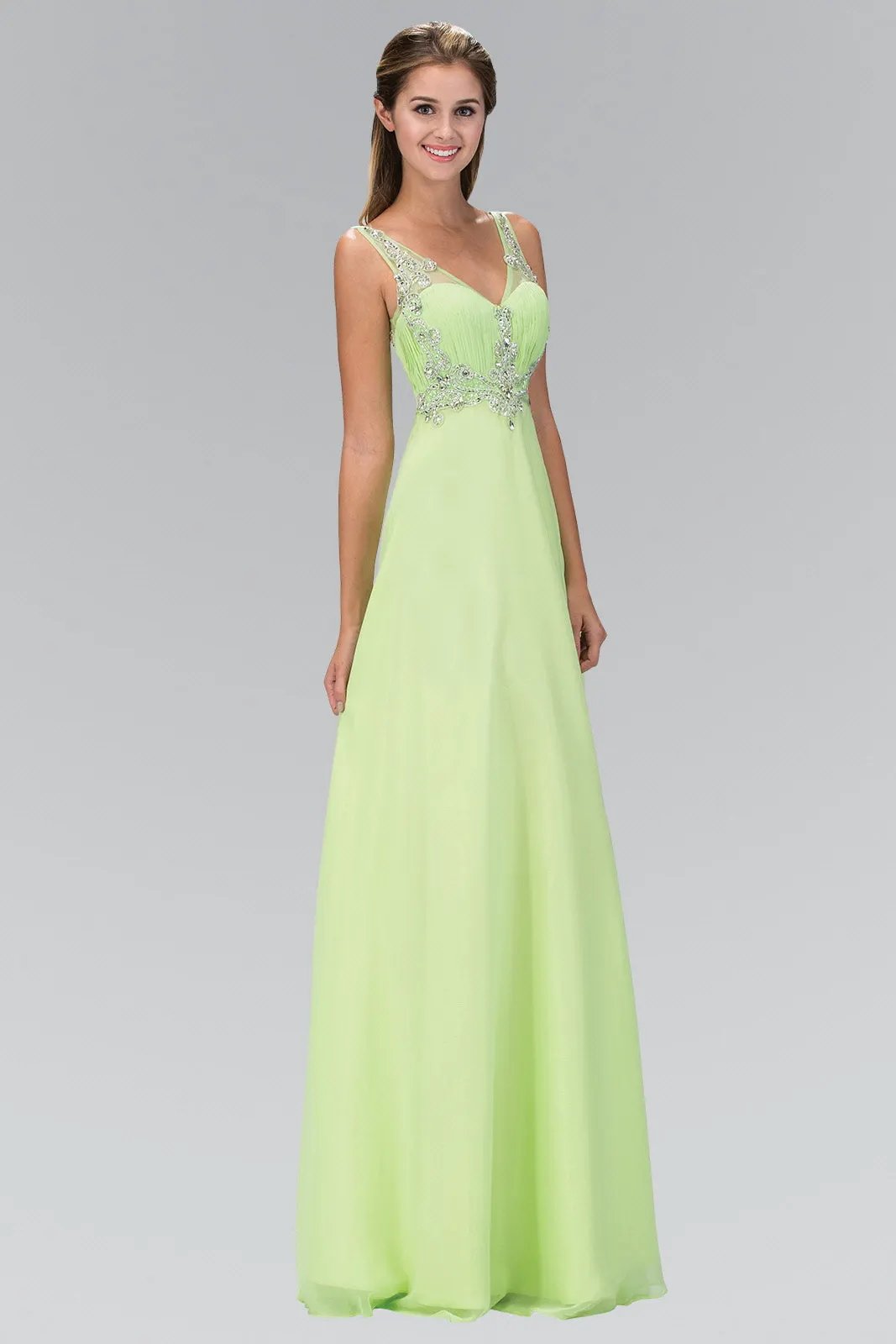 V-Neck Chiffon Long Dress with Beaded Sheer Straps by Tux-USA