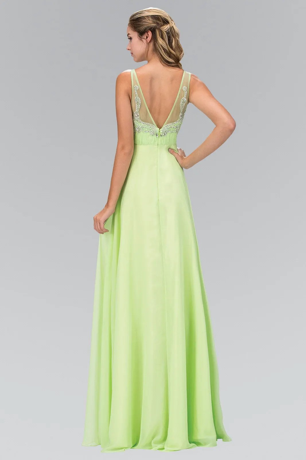 V-Neck Chiffon Long Dress with Beaded Sheer Straps by Tux-USA